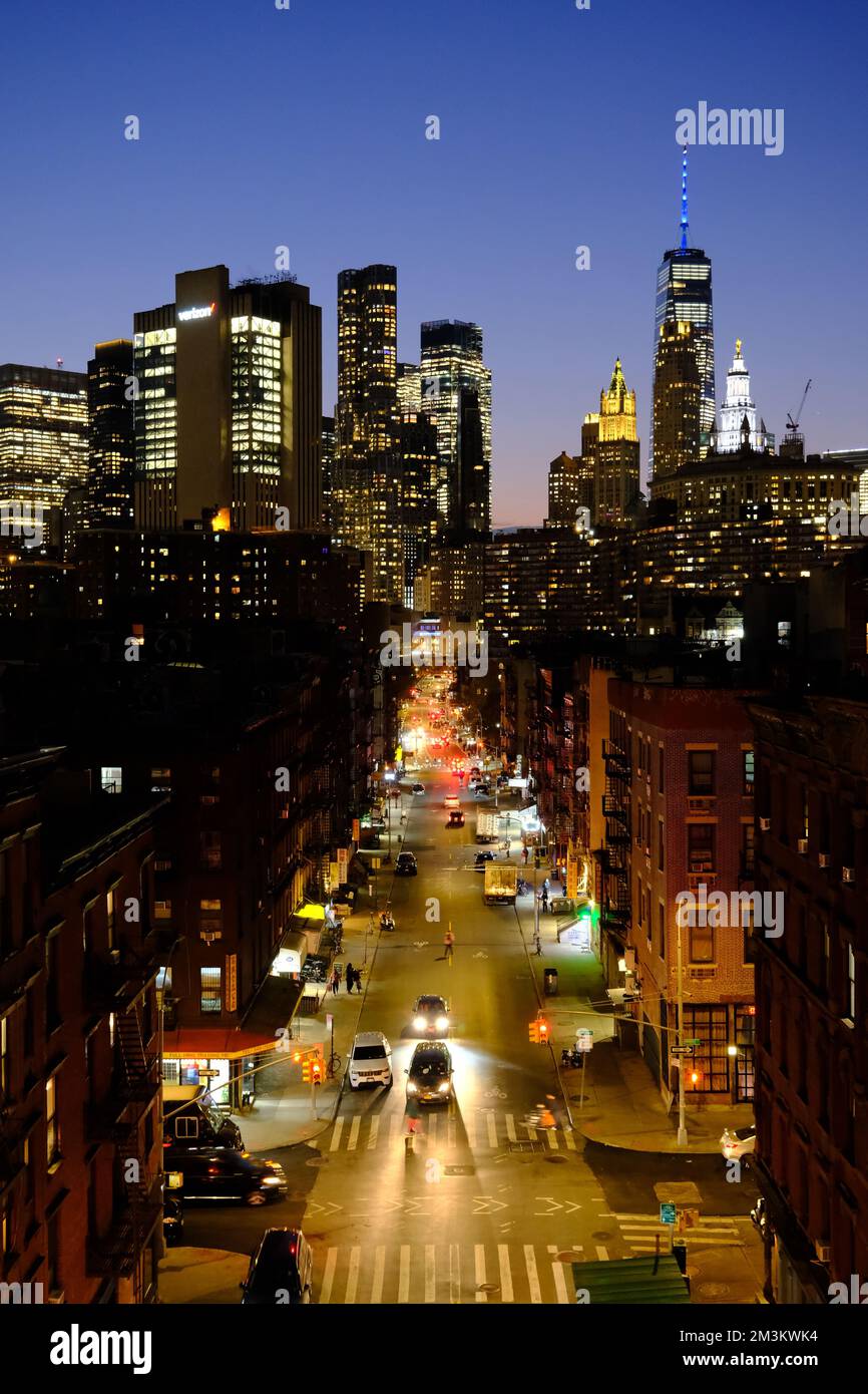 Madison Street in Lower East Side of Manhattan with One World Trade