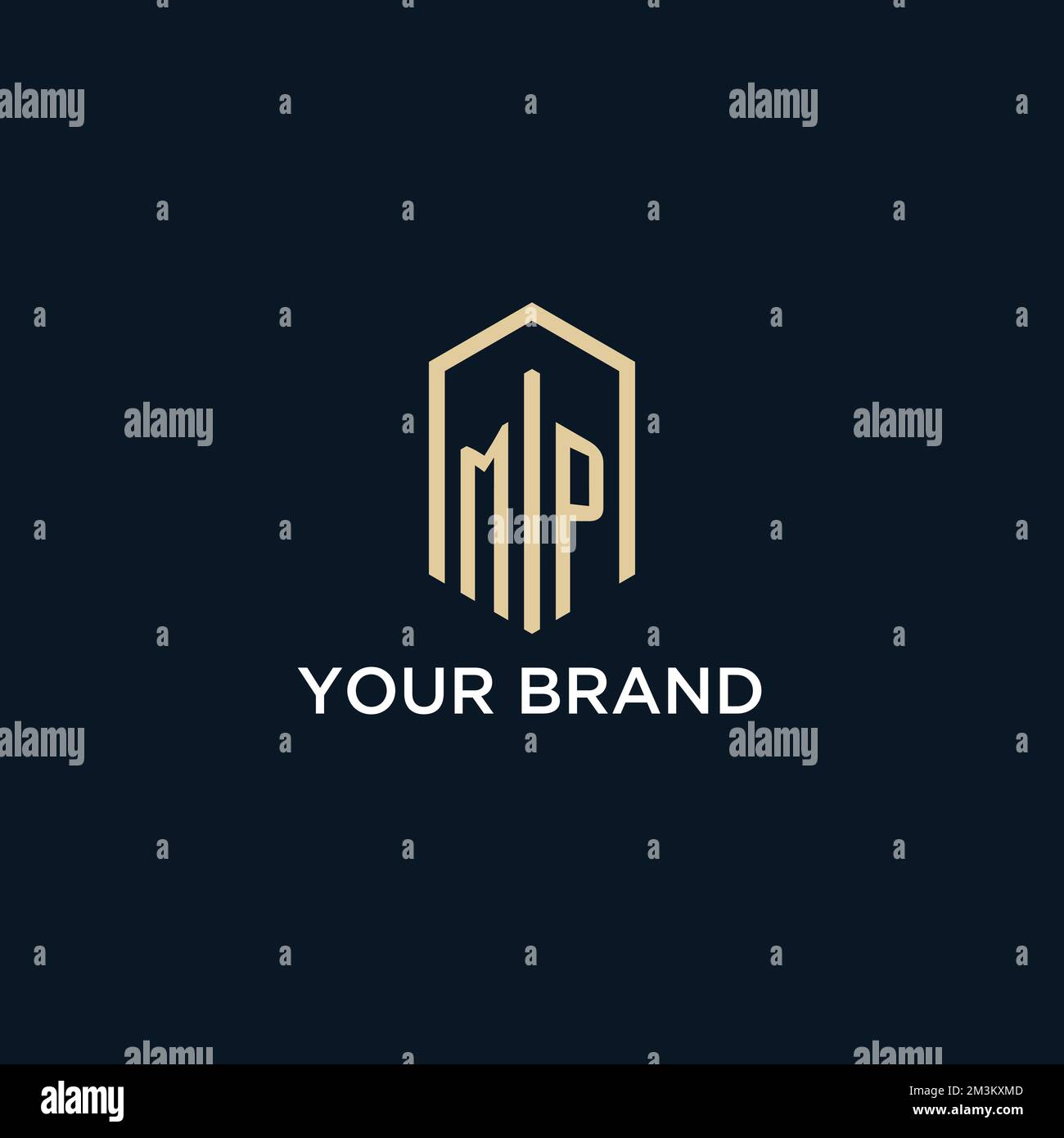 MP initial monogram logo with hexagonal shape style, real estate logo design ideas inspiration vector Stock Vector