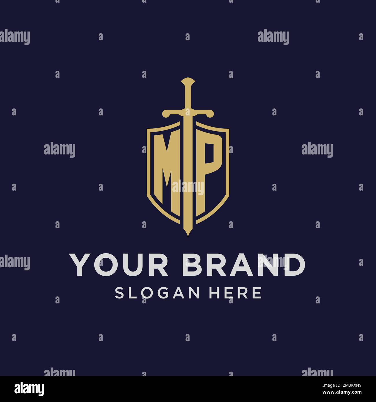 Pm logo monogram with sword and shield Royalty Free Vector