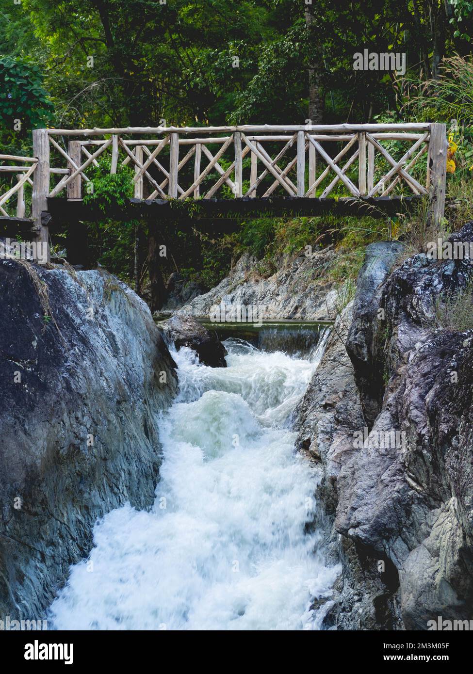 Waterfalls and bridges over water Stock Photo