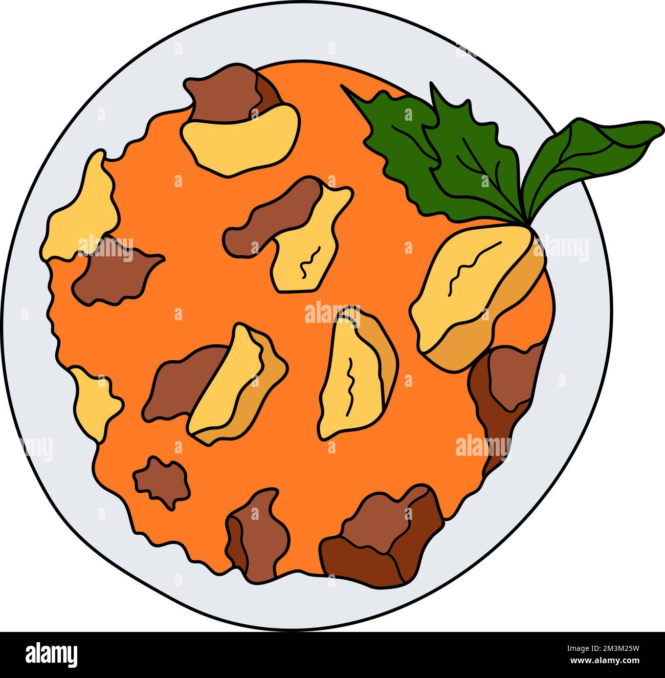 Ghivetch spicy vegetable stew with vegetables and meats. Bulgarian traditional food. Vector hand-drawn illustration. Design element for menu cafe, bis Stock Vector