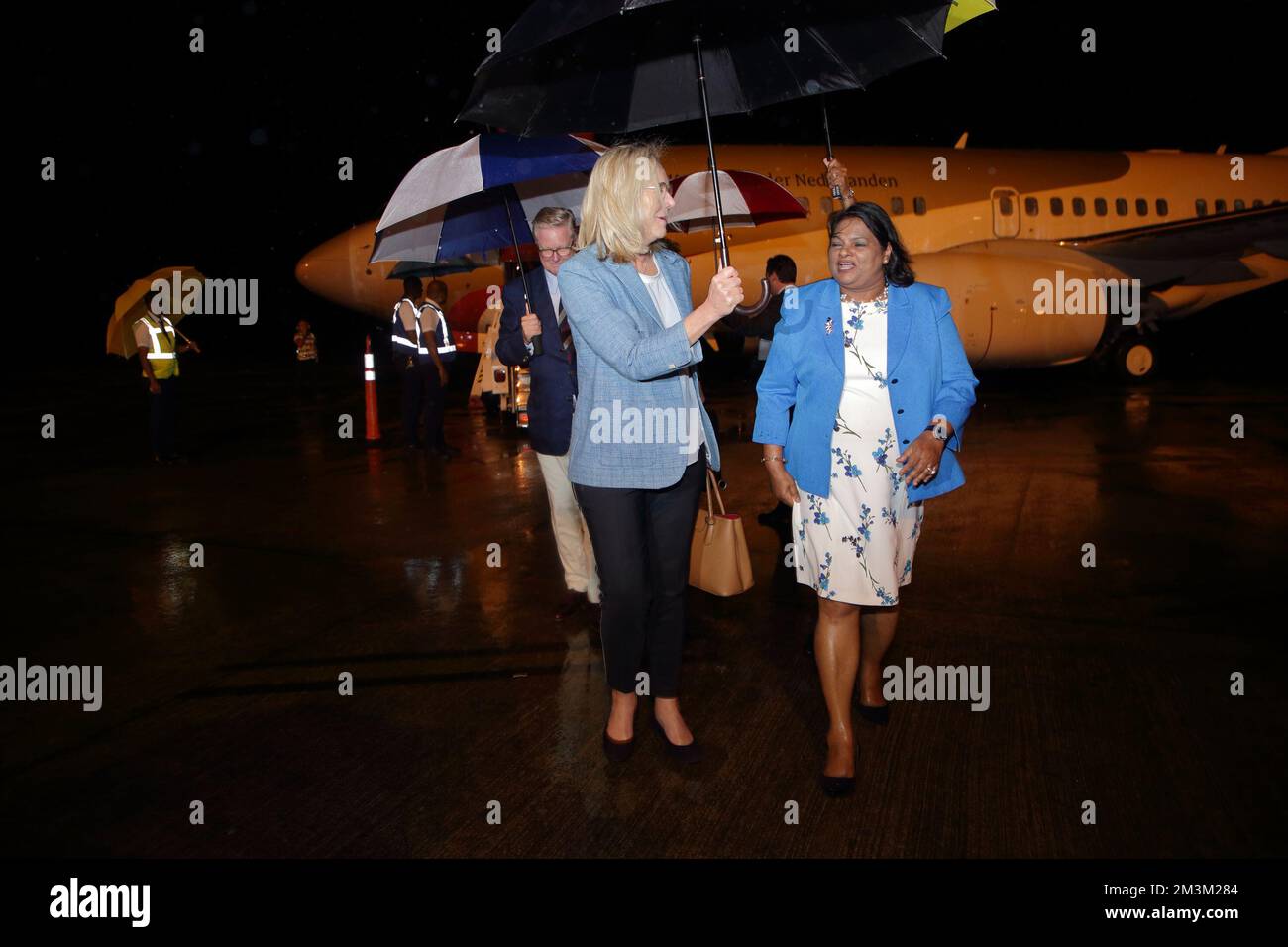 Suriname Defense Ministry Krishna Mathoera receives Deputy Prime Minister Kaag on arrival at the airport, who is in Suriname for consultations with the Surinamese government about the intentions of the Dutch state to apologize for the slavery past on Thursday, December 15, 2022. ANP RANU ABHELAKH netherlands out - belgium out Credit: ANP/Alamy Live News Stock Photo