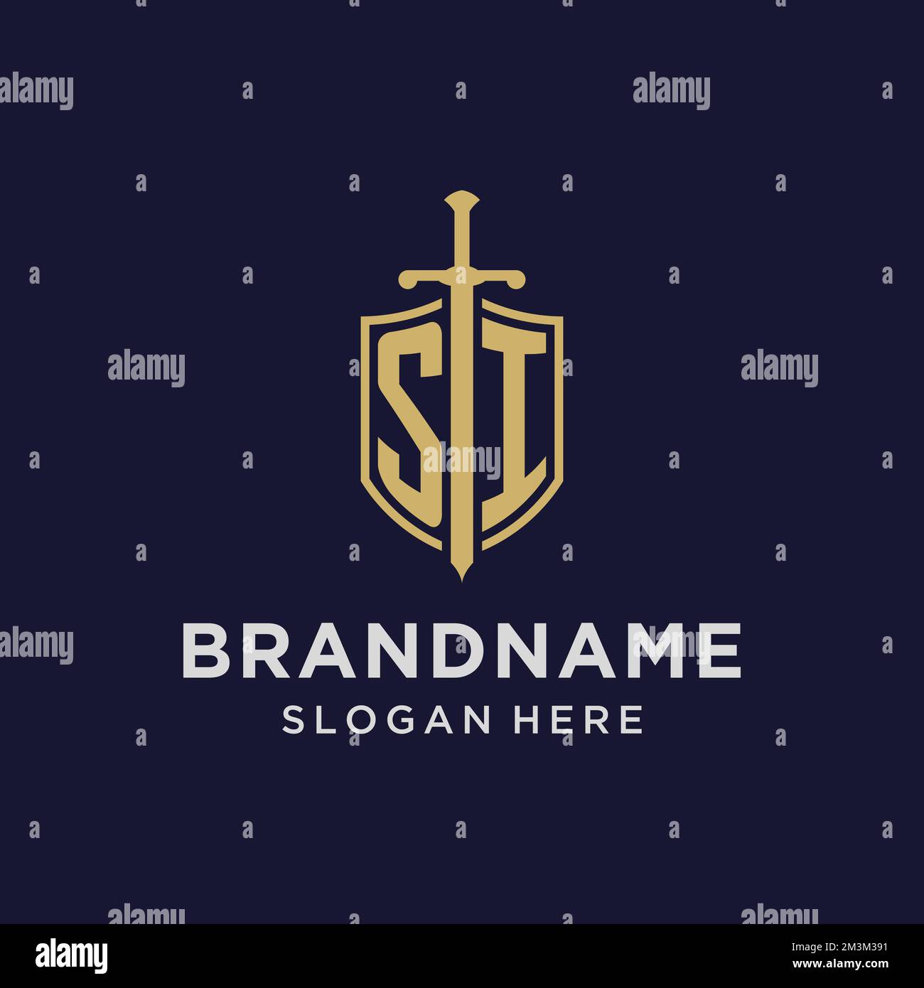 SI logo initial monogram with shield and sword design ideas Stock Vector