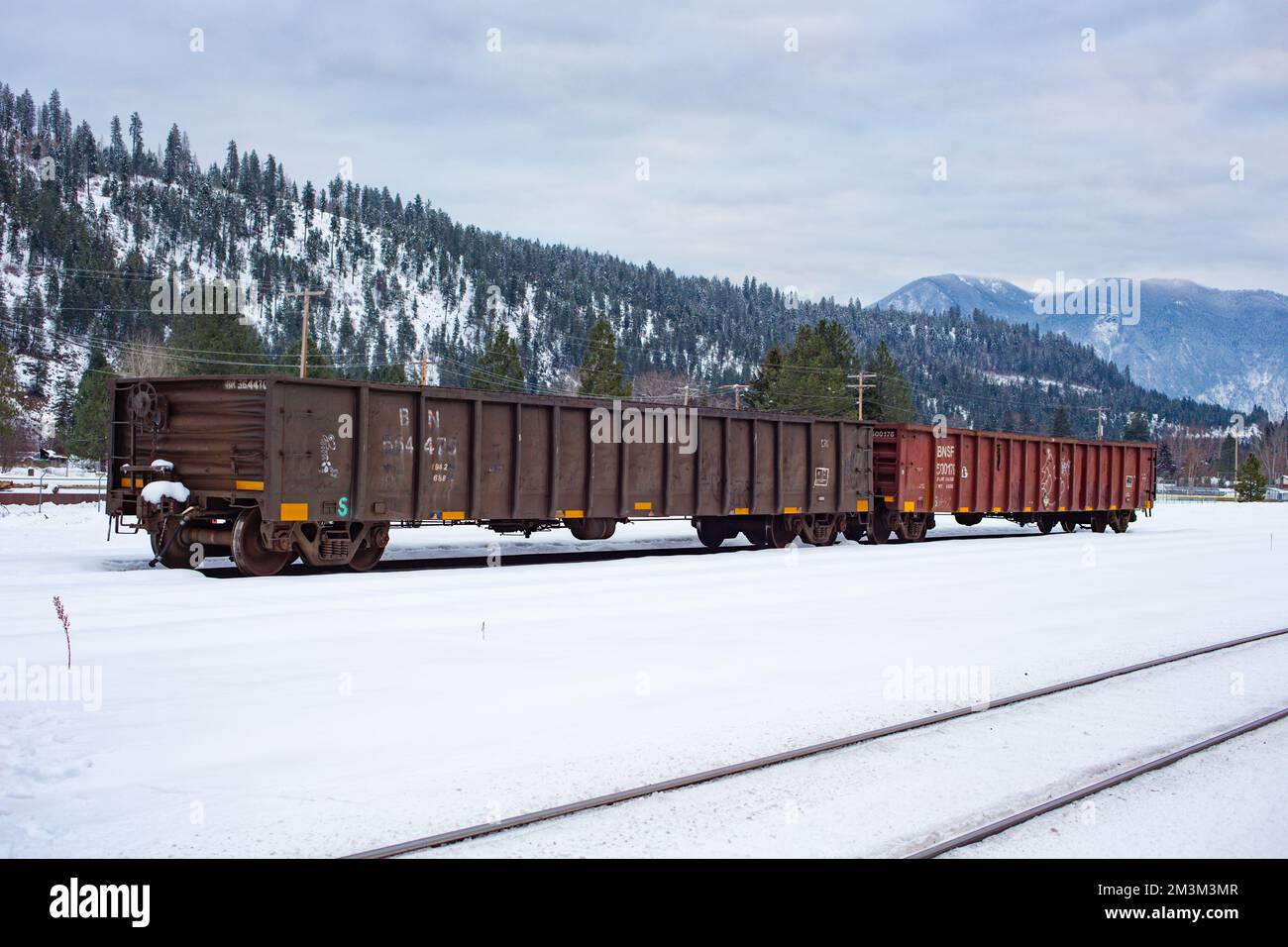 Open railroad gondola cars on the tracks at the BNSF train yard, in the town of Troy, Montana