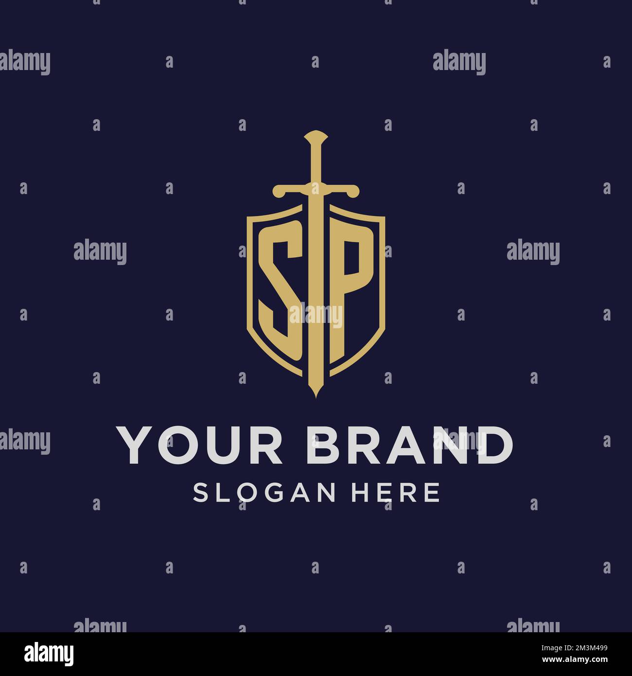 SP logo initial monogram with shield and sword design ideas Stock Vector