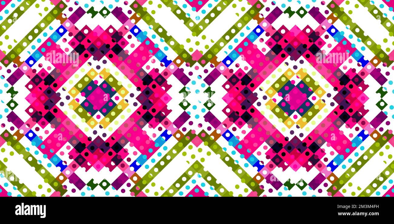 Whimsical geometric pixel pattern. Playful fun kaleidoscopic pink ...