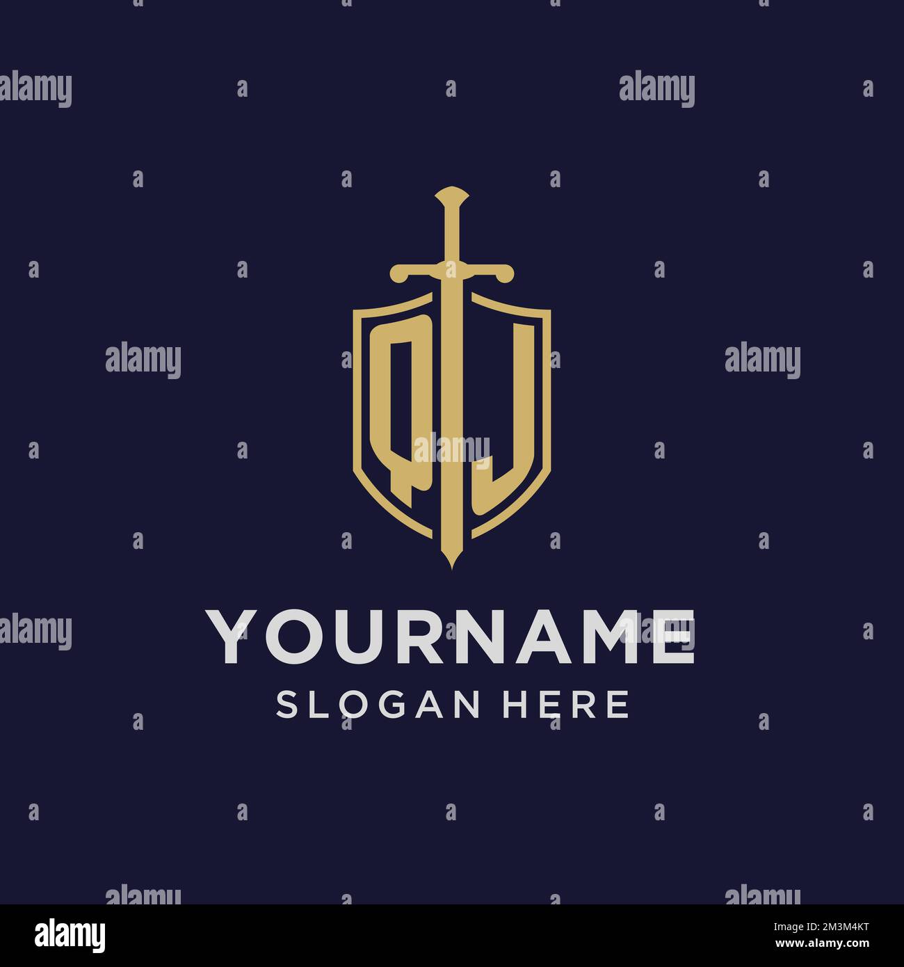 QJ logo initial monogram with shield and sword design ideas Stock Vector