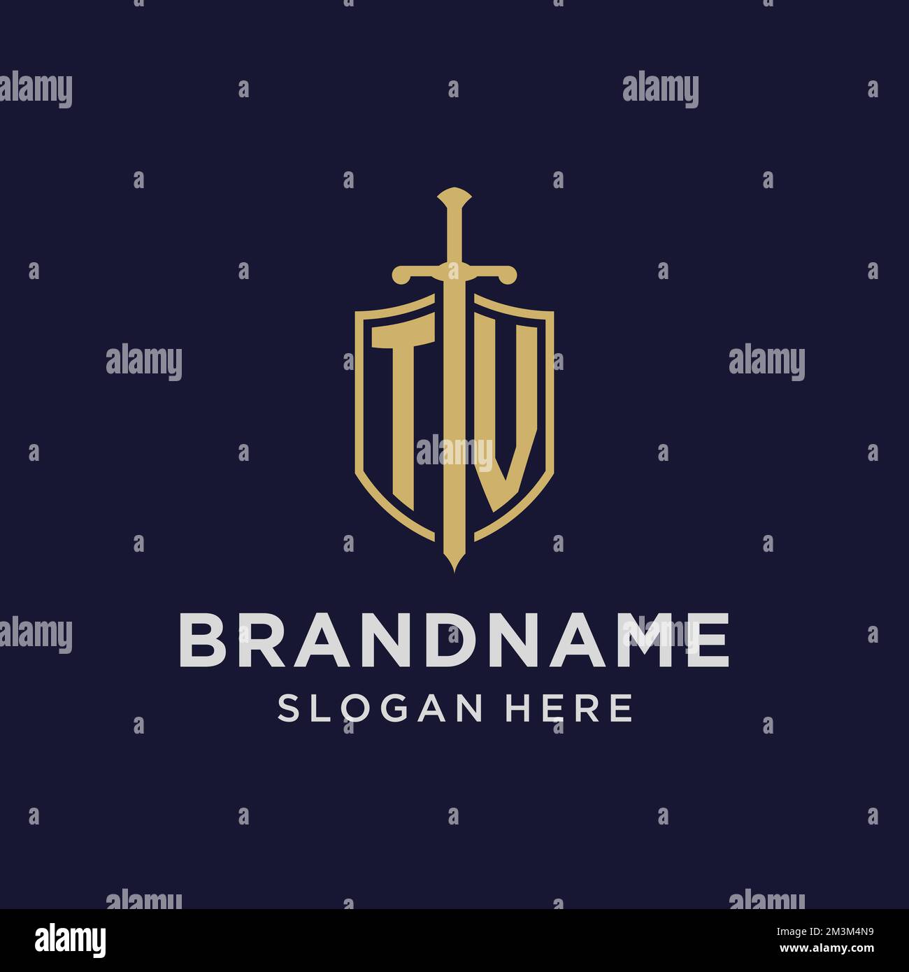 TV logo initial monogram with shield and sword design ideas Stock Vector