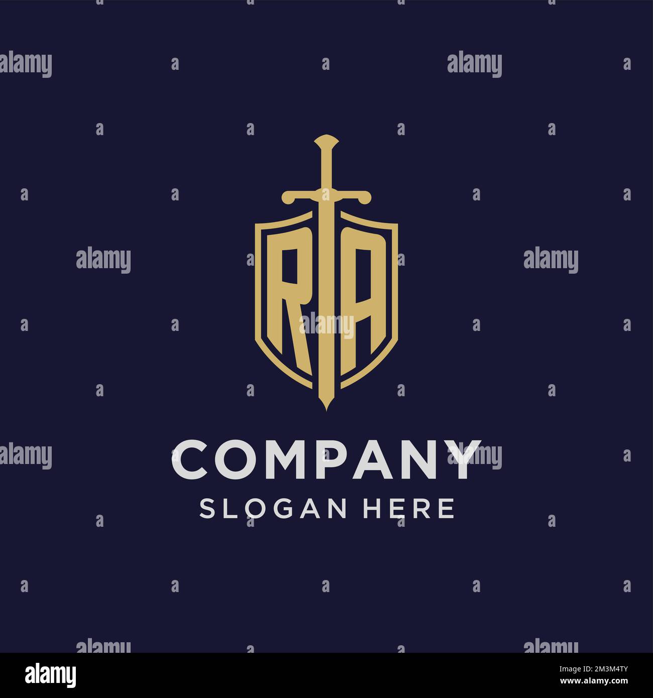 RA logo initial monogram with shield and sword design ideas Stock Vector