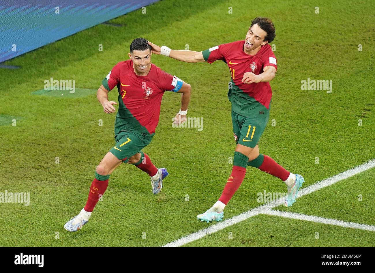 File photo dated 24-11-2022 of Portugal's Cristiano Ronaldo celebrates scoring their side's first goal of the game from the penalty spot during the FIFA World Cup Group H match at Stadium 974 in Doha, Qatar. Cristiano Ronaldo became the first man to score in five World Cup finals as Portugal defeated Ghana 3-2 after Uruguay and South Korea had drawn 0-0 earlier in Group H. Issue date: Friday December 16, 2022. Stock Photo
