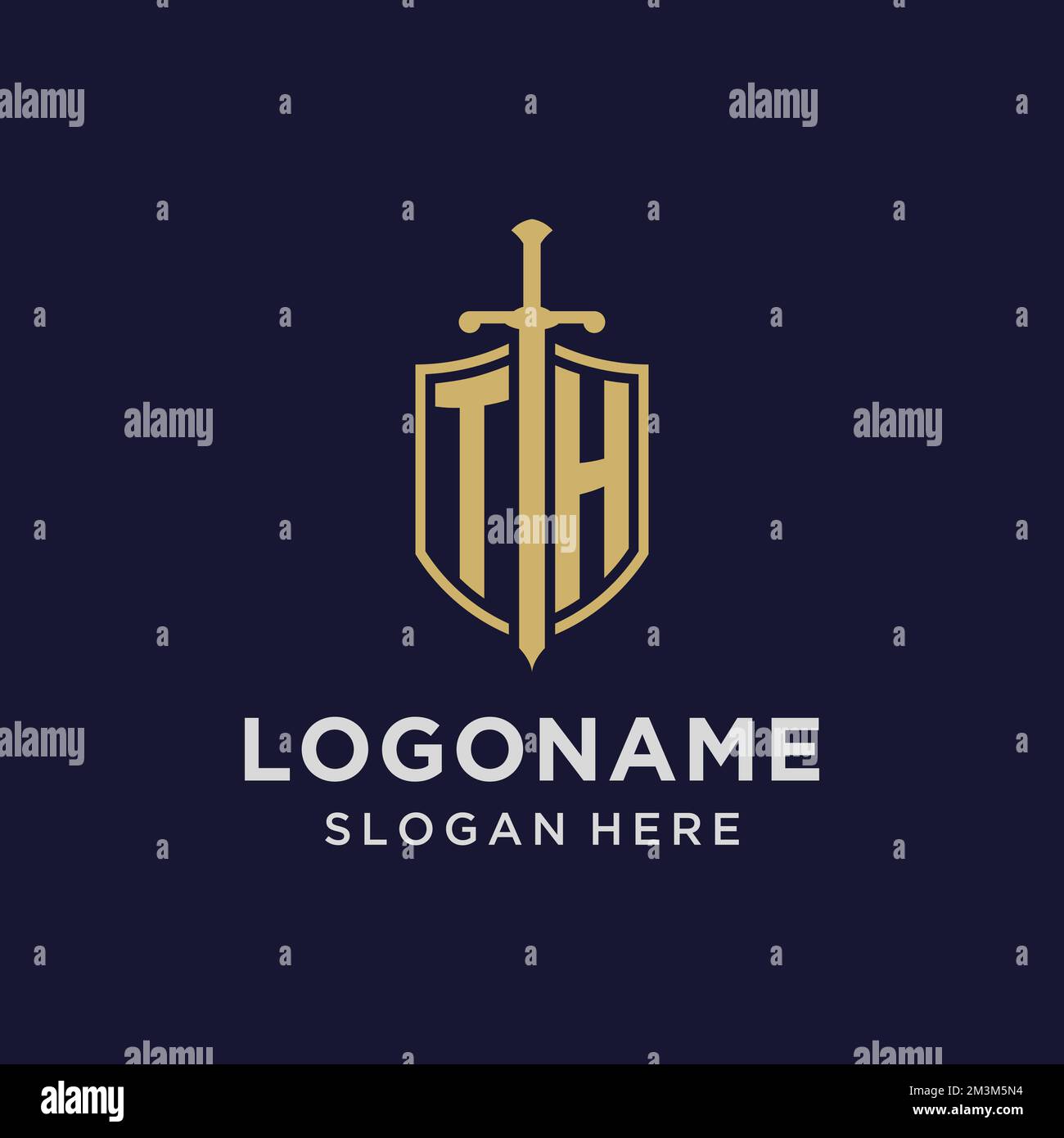 TH logo initial monogram with shield and sword design ideas Stock Vector