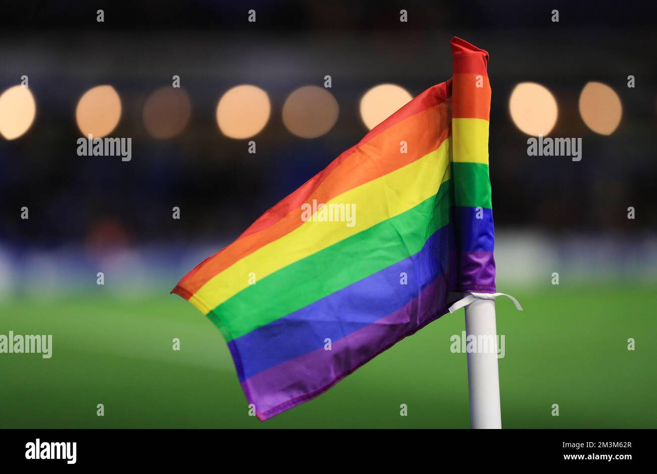 File photo dated 19-10-2022 of A general view of a Rainbow Laces corner flag in support of LGBTQ+ inclusion. In May, 17-year-old Blackpool forward Jake Daniels came out as gay, making him the only active male player in the UK to do so. The teenager was widely praised for telling his story, but the very fact that it was remarkable showed how far football still has to go. Issue date: Friday December 16, 2022. Stock Photo