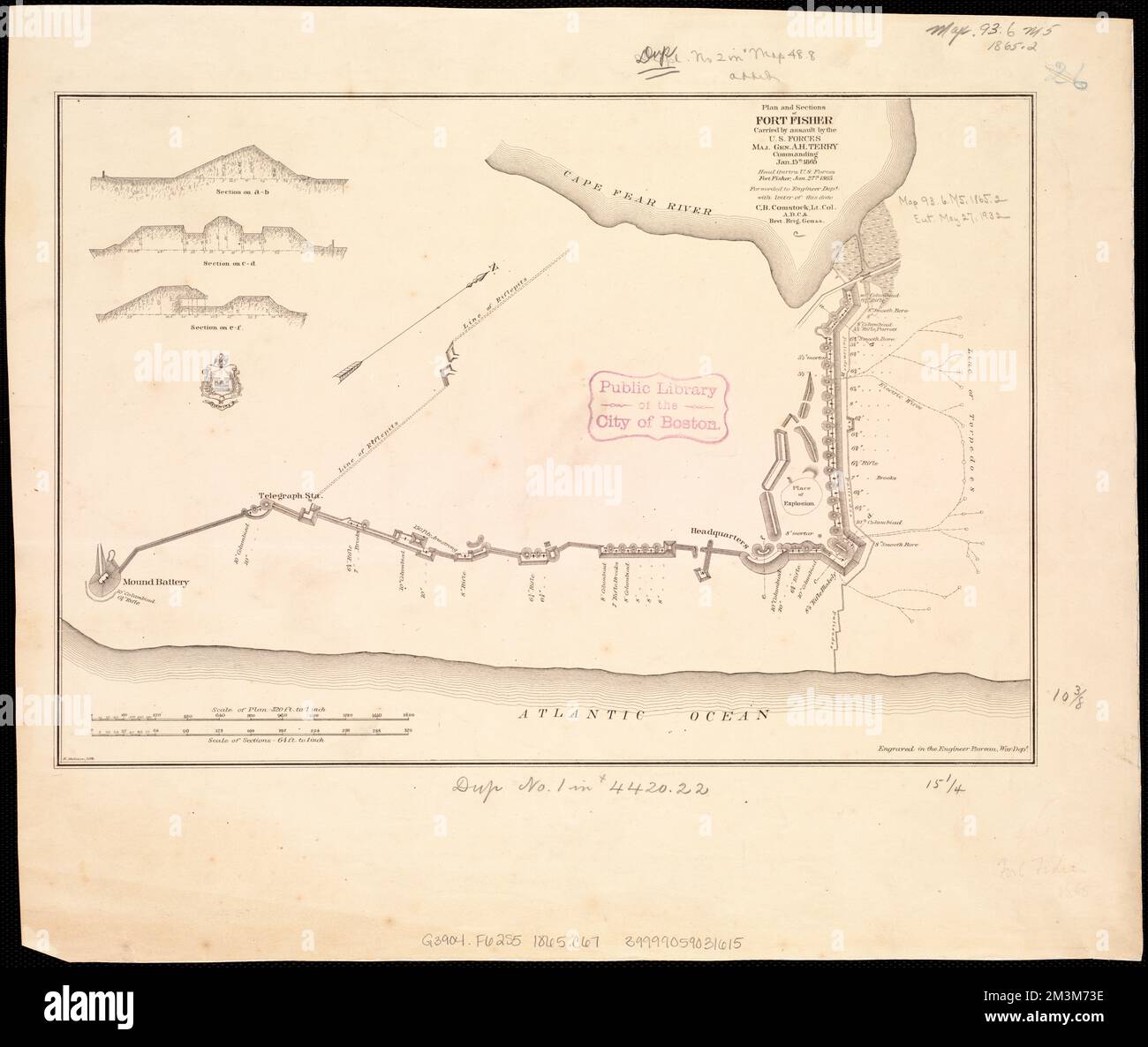 Plan and sections of Fort Fisher, carried by assault by the U.S. forces, Maj. Gen. A.H. Terry commanding, Jan. 15th, 1865 , Fort Fisher N.C. : Fort, History, 19th century, Maps, Terry, Alfred Howe, 1827-1890 Norman B. Leventhal Map Center Collection Stock Photo