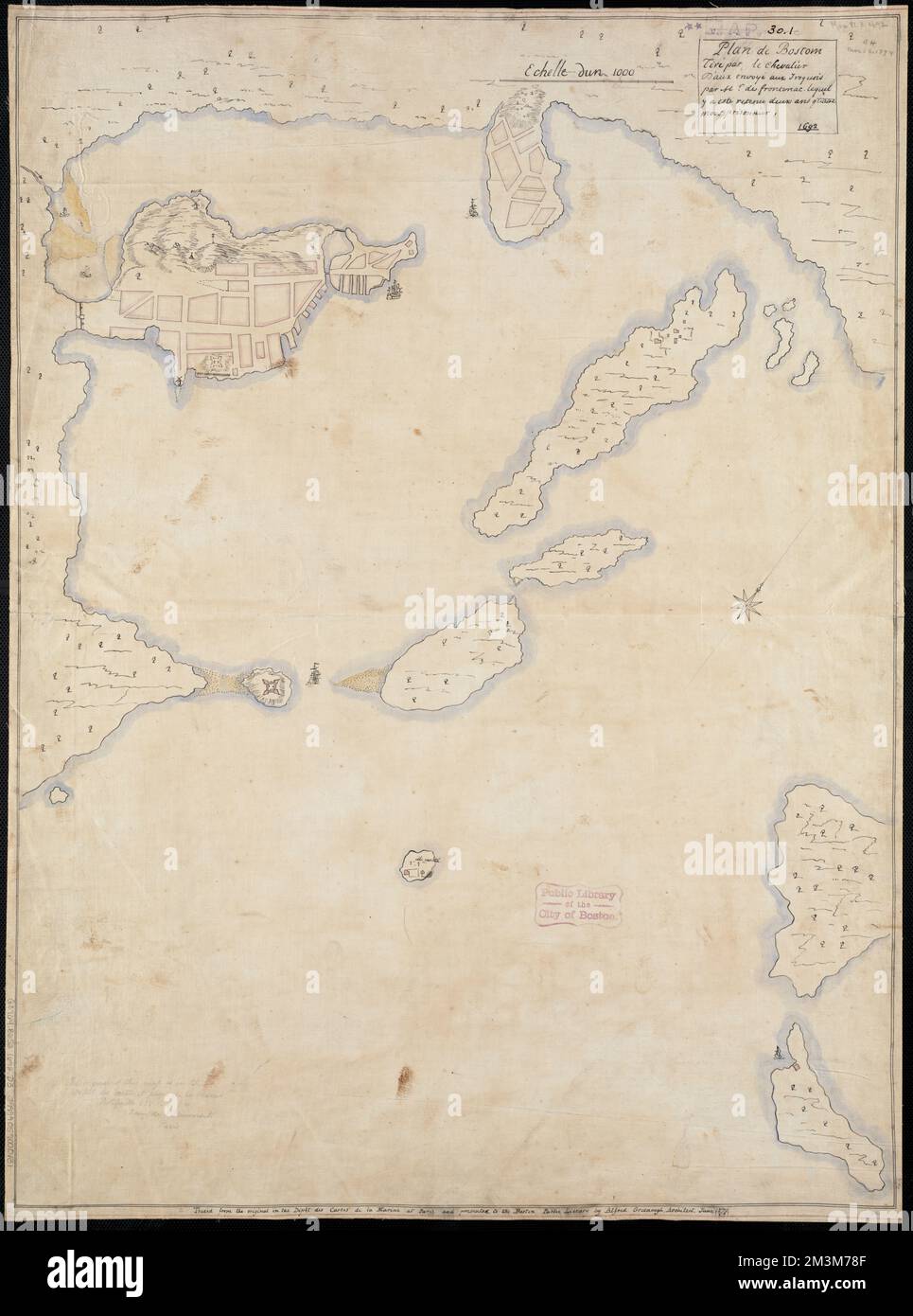 Plan de Boston , Fortification, Massachusetts, Boston, Maps, Manuscript, Early works to 1800, Fortification, Massachusetts, Boston Harbor Islands, Maps, Manuscript, Early works to 1800, Boston Mass., Maps, Manuscript, Early works to 1800, Boston Harbor Islands Mass., Maps, Manuscript, Early works to 1800, Frontenac, Louis de Buade, comte de, 1620-1698 Norman B. Leventhal Map Center Collection Stock Photo