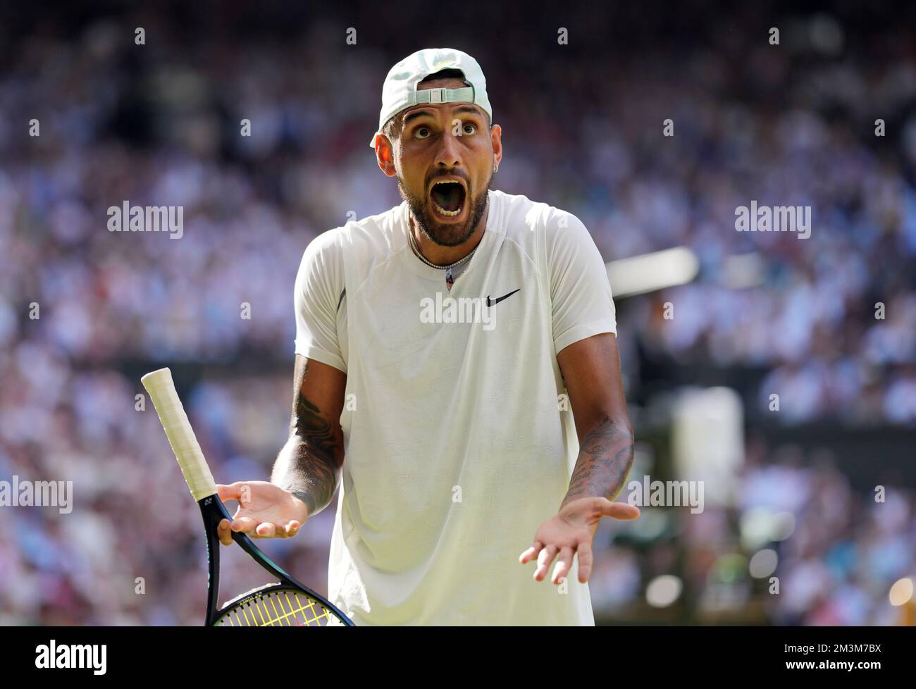 File photo dated 10-07-2022 of Nick Kyrgios reacts. 'The one who looks like she's had about 700 drinks, bro!' - Kyrgios went on to reach the final, where he pointed out a rowdy spectator to the umpire. Issue date: Friday December 16, 2022. Stock Photo