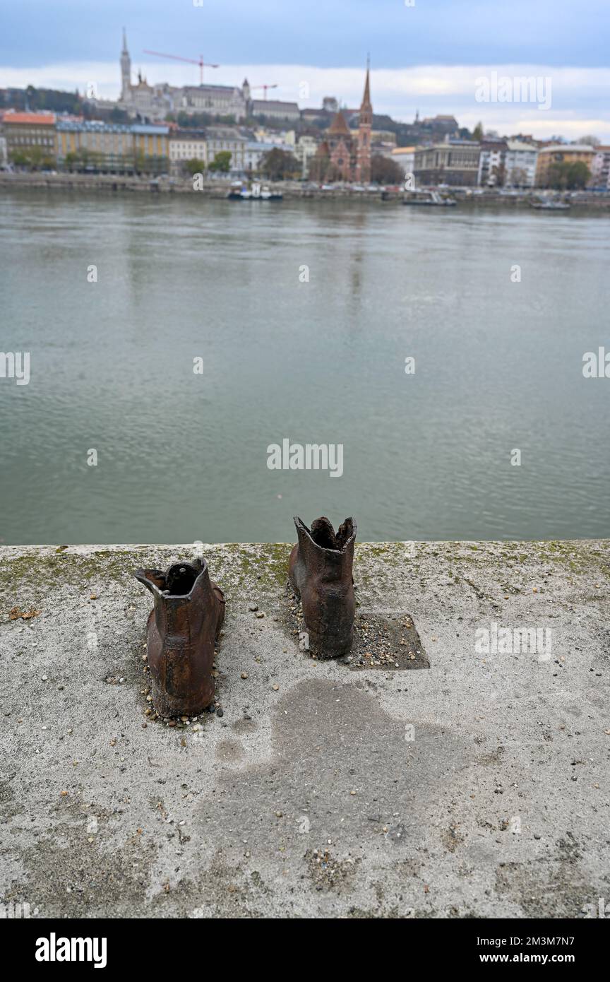 Budapest Hungary, November 24 2022 Shoes on the Danube Bank memorial Stock Photo