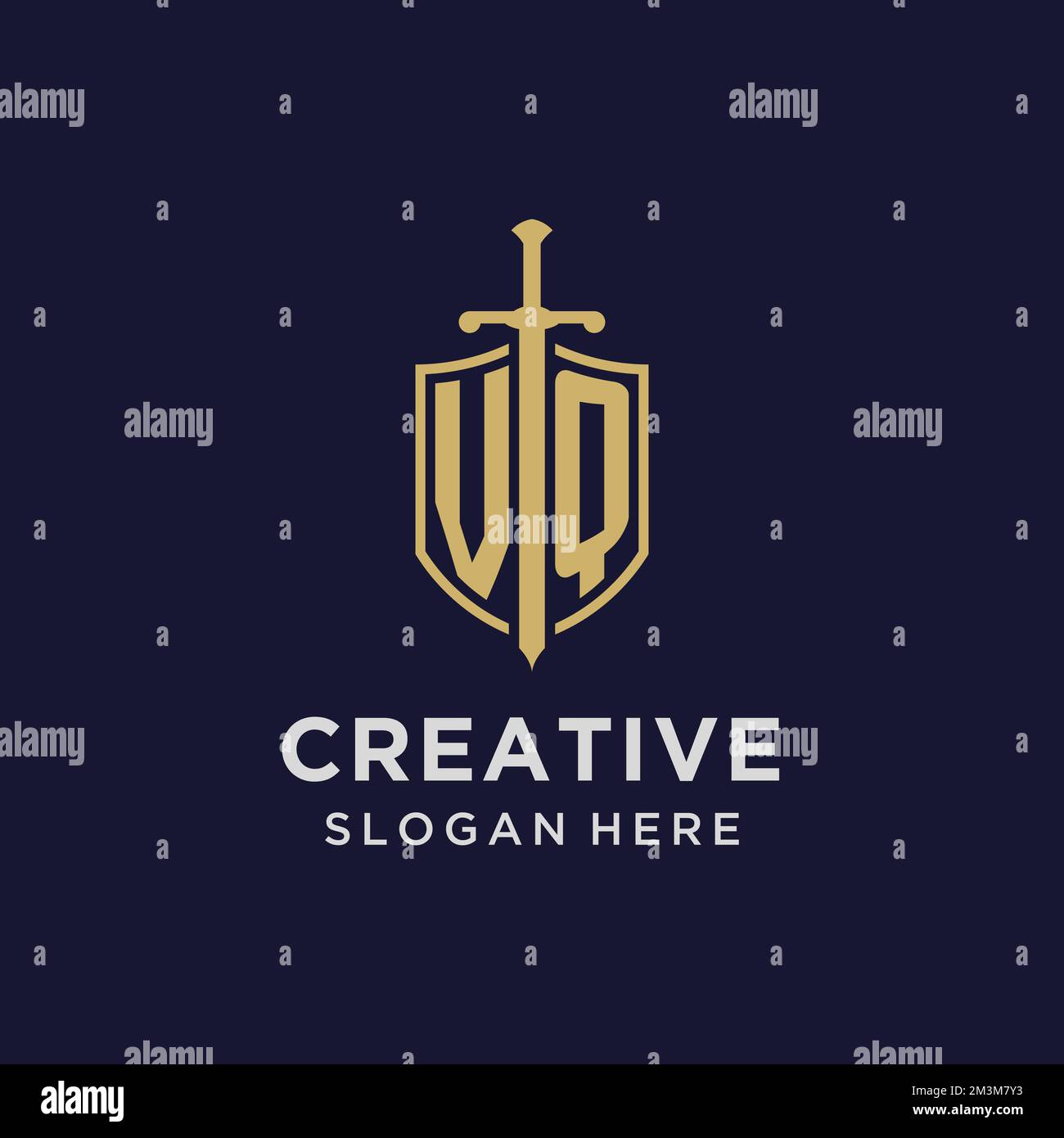 VQ logo initial monogram with shield and sword design ideas Stock Vector