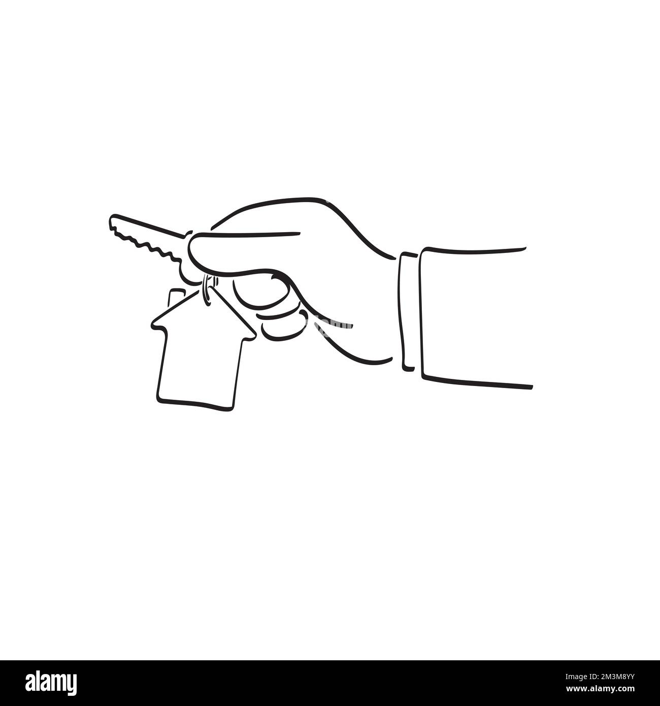 line art closeup hand of businessman holding house key illustration