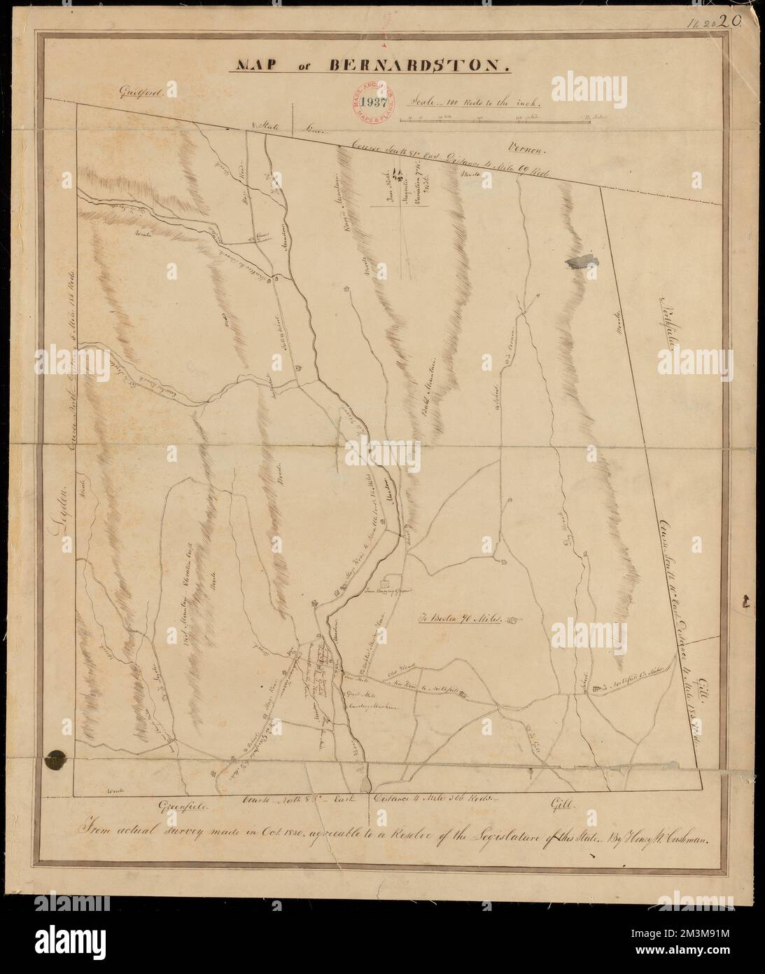 Plan of Bernardston made by Henry W. Cushman, dated October, 1830