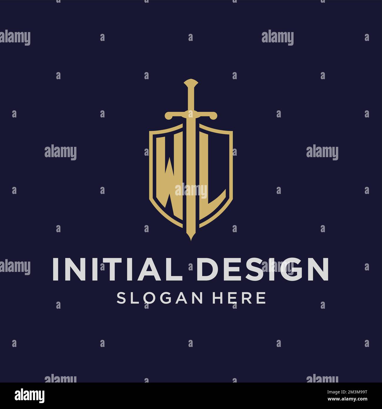 WL logo initial monogram with shield and sword design ideas Stock Vector