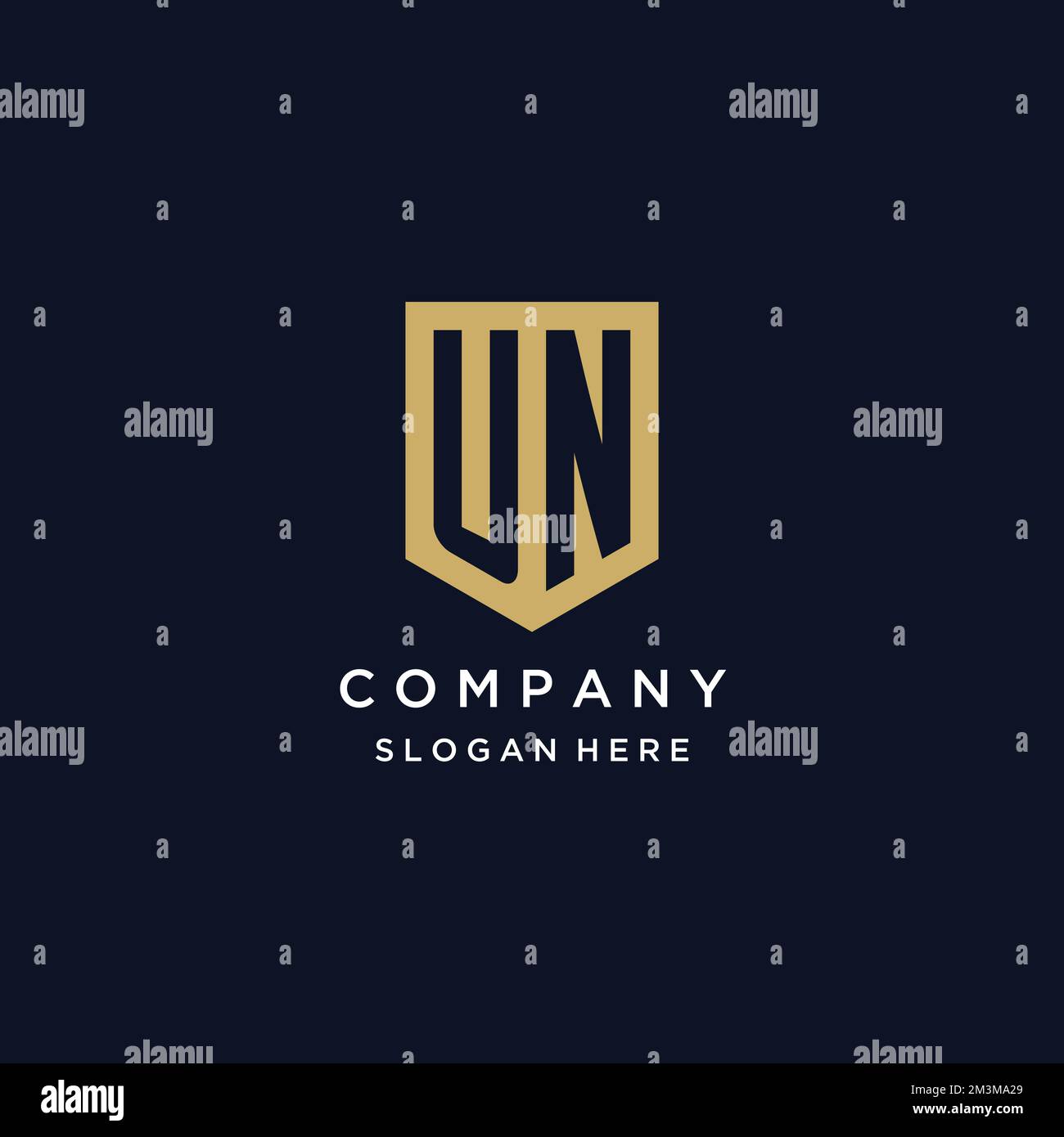 UN monogram initials logo design with shield icon template Stock Vector