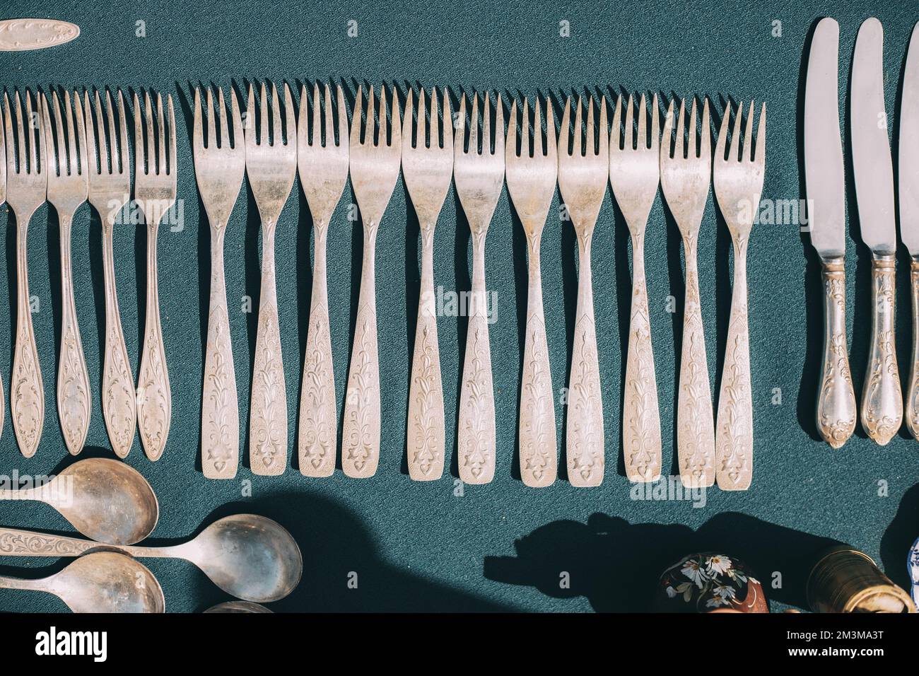 Vintage Forks On Tablecloth. Kitchenware. Set Of Old Kitchen Utensils. Old Crockery Concept