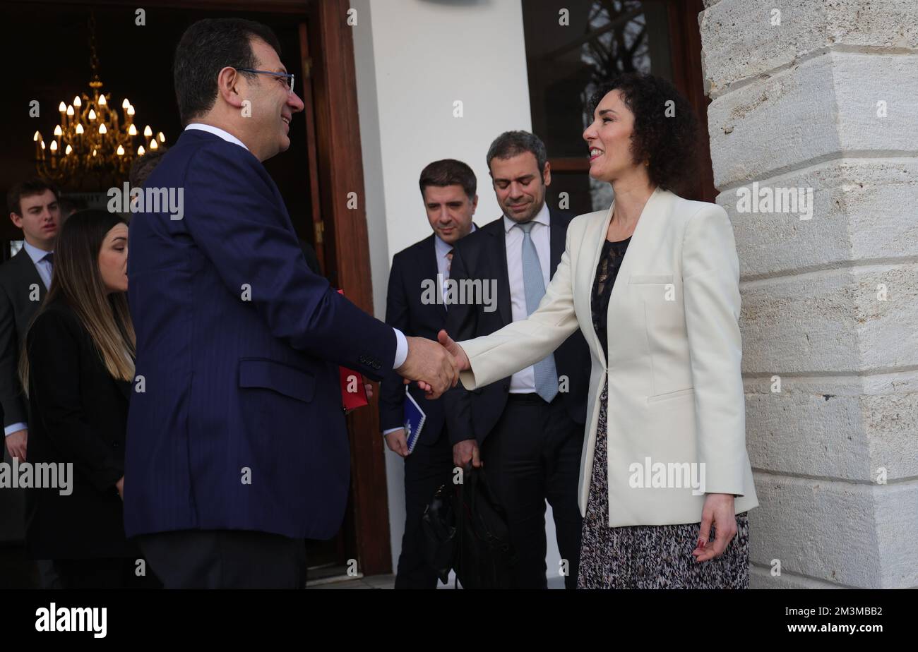 Istanbul mayor Ekrem Imamoglu and Foreign minister Hadja Lahbib pictured at the end of a meeting between Istanbul mayor Imamoglu and Belgian minister Lahbib on day three of a working visit of the Belgian Foreign Minister to Turkey, in Istanbul, Turkey, Friday 16 December 2022. BELGA PHOTO VIRGINIE LEFOUR Credit: Belga News Agency/Alamy Live News Stock Photo