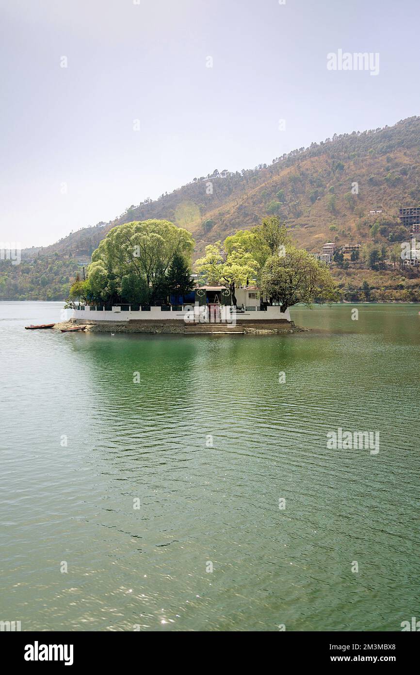 Bhimtal lake with center island, Bhimtal, Nainital, Kumaon, Uttarakhand, India Stock Photo