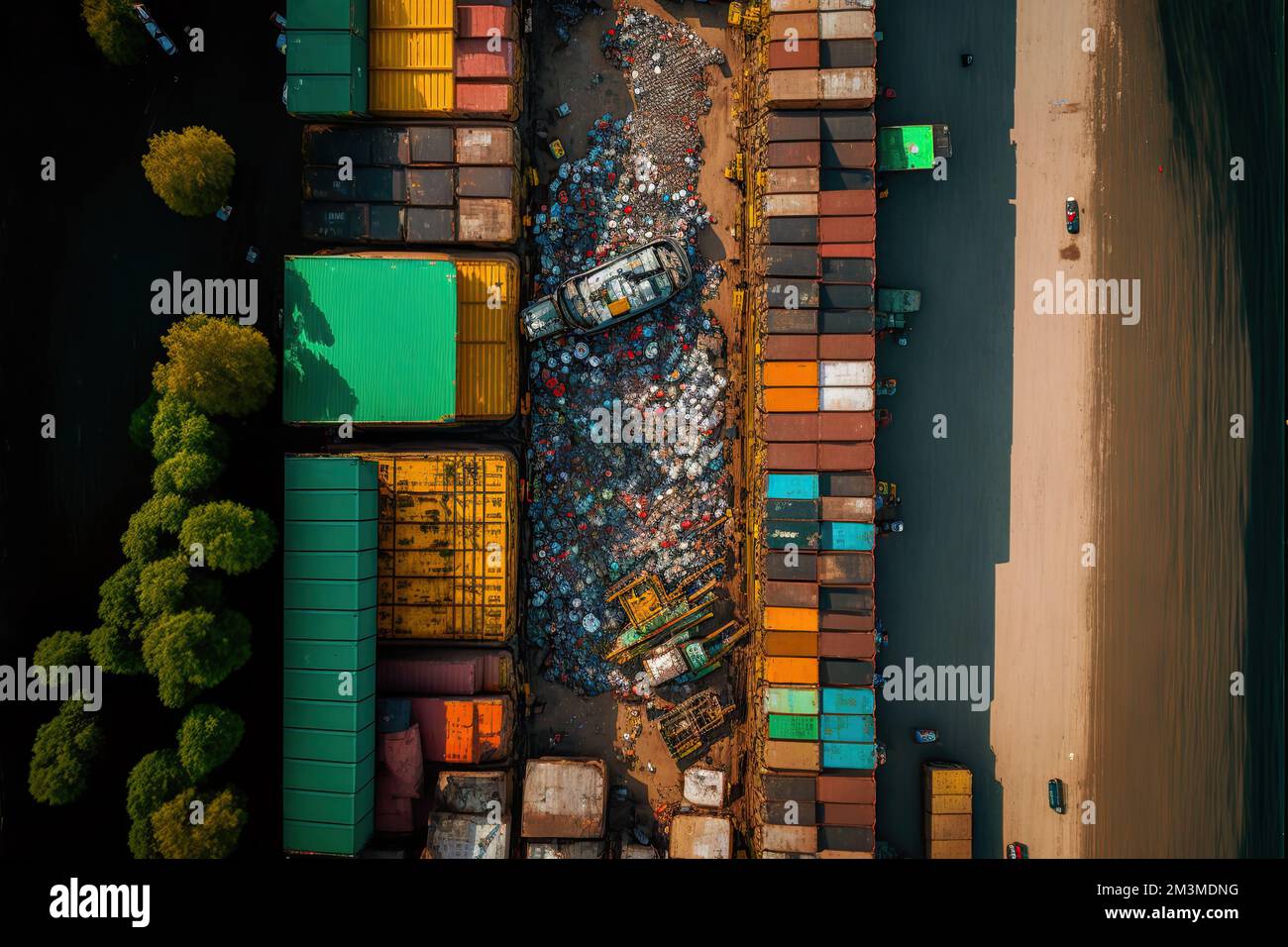 observation from the sky of a large metropolitan landfill where sorting of rubbish is taking place. Symbolizing a situation of ecological crisis and Stock Photo