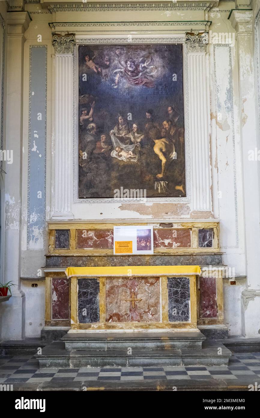Chapel of Sant'Antonio di Padova, altar dedicated to Sant'Antonio di Padova. On the altar the painting depicting the Virgin and Child with Saint Anthony of Padua, painting on canvas by Giuseppe Felice from the 17th century in San Lorenzo Cathedral of Trapani - Sicily, Italy Stock Photo