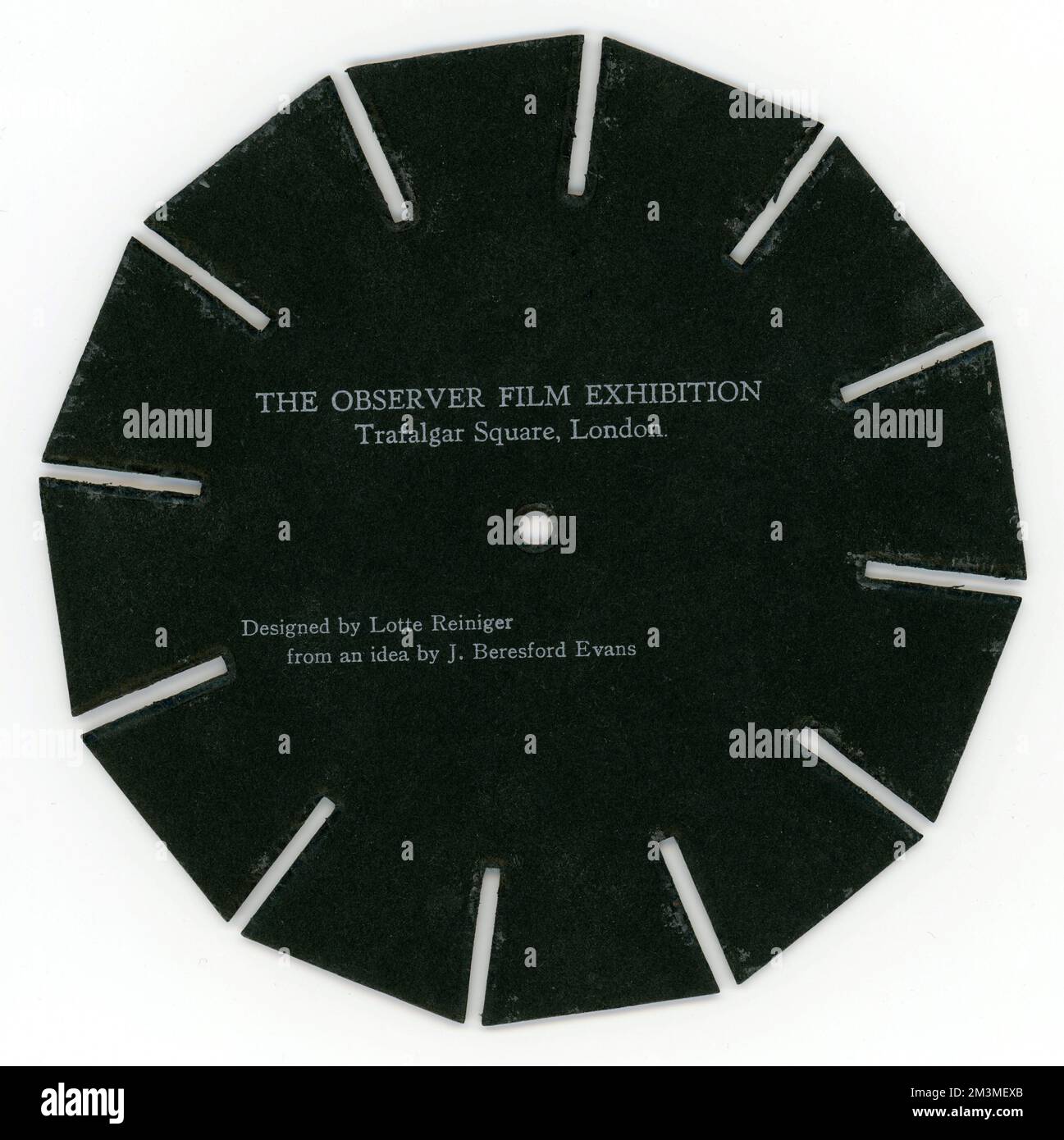 Back of Stroboscope of CHARLIE CHAPLIN as the Tramp designed by German film pioneer animator LOTTE REINIGER from an idea by J.BERESFORD EVANS sold at THE OBSERVER FILM EXHIBITION, Trafalgar Square London in 1956 presented in association with the British Film Institute and La Cinematheque Francaise and directed by Richard Buckle Stock Photo
