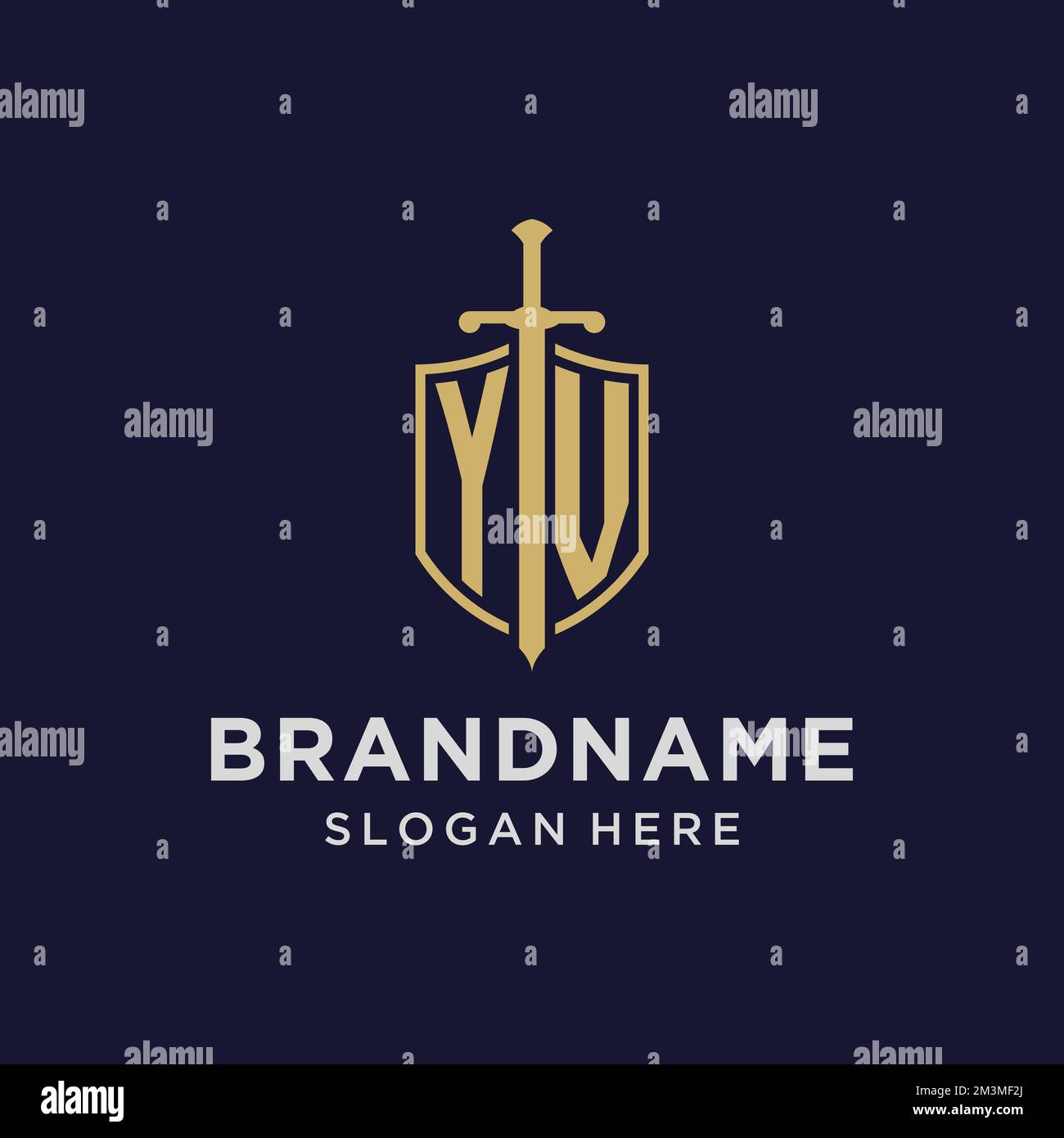 YV logo initial monogram with shield and sword design ideas Stock Vector