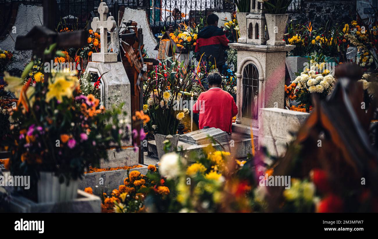 A crowd gathered in a cemetery in Mexico City for Day of the Dead parade Stock Photo