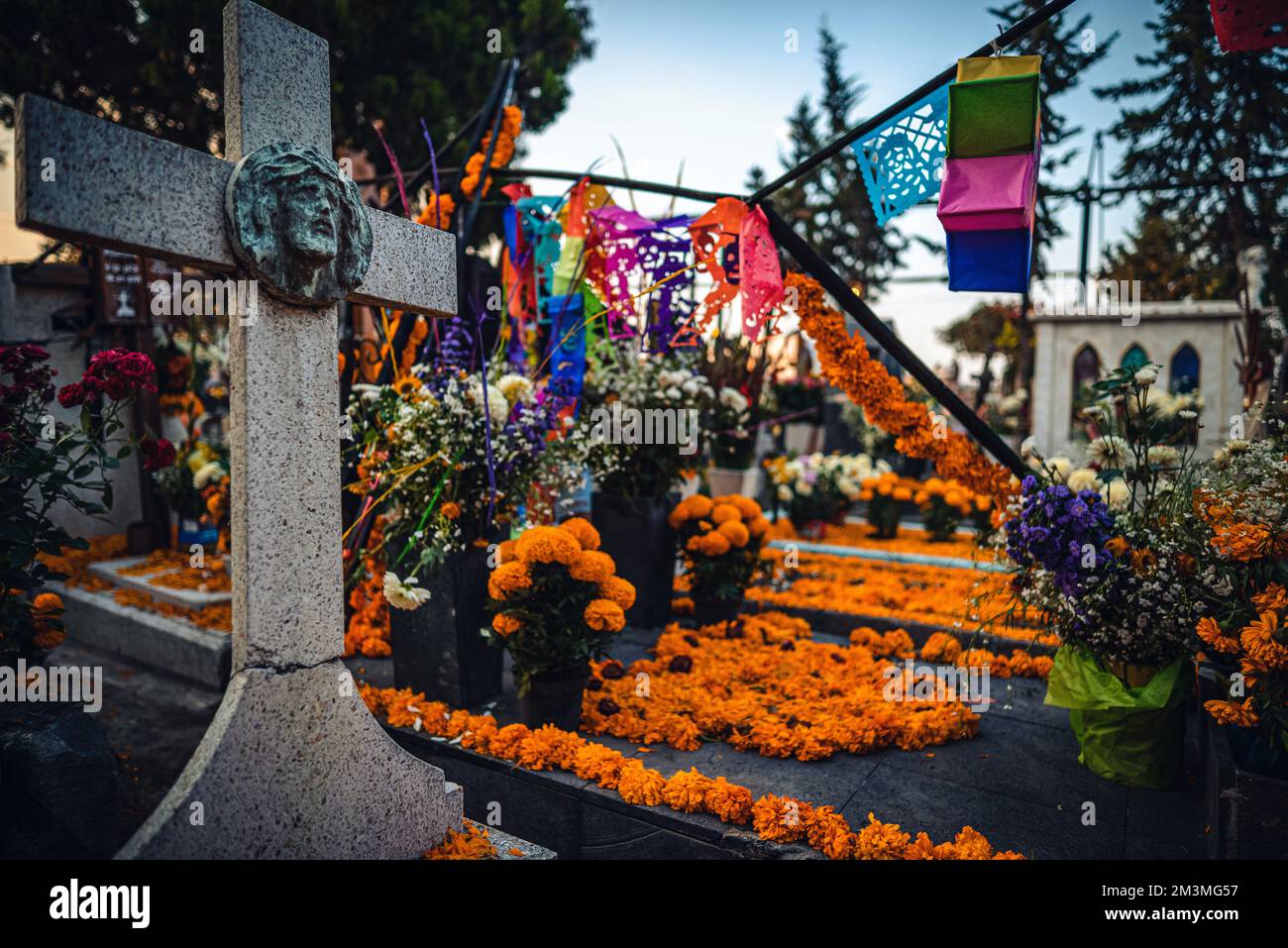 The flowers in a cemetery in Mexico City for Day of the Dead parade Stock Photo