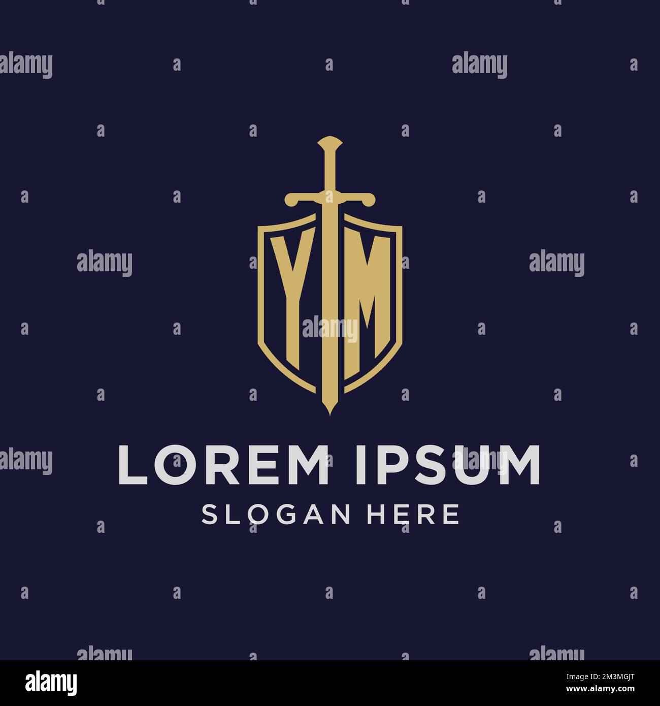 YM logo initial monogram with shield and sword design ideas Stock Vector