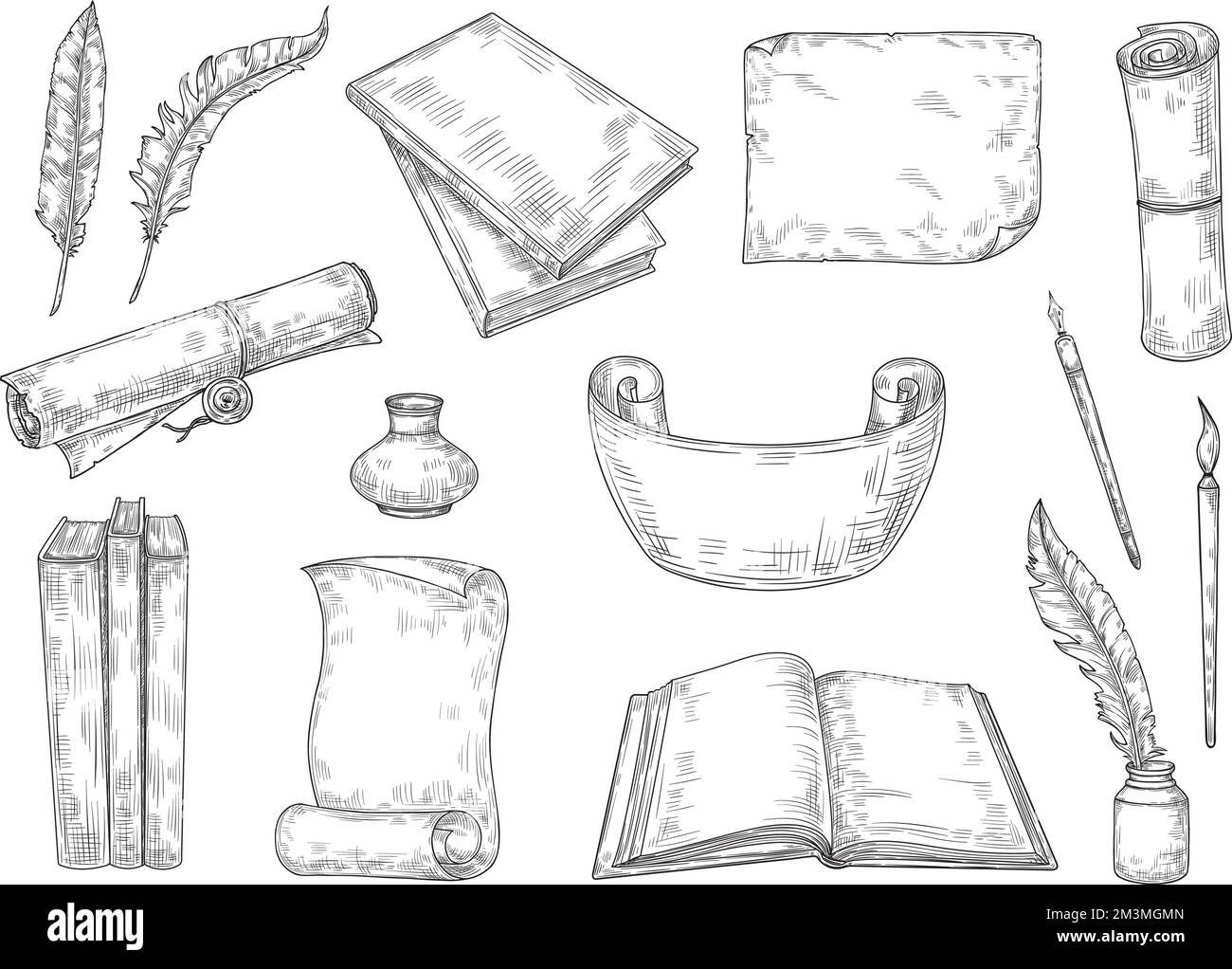 Sketch literature writing. Vintage writers quill ink pen, poem book and manuscript papers scroll