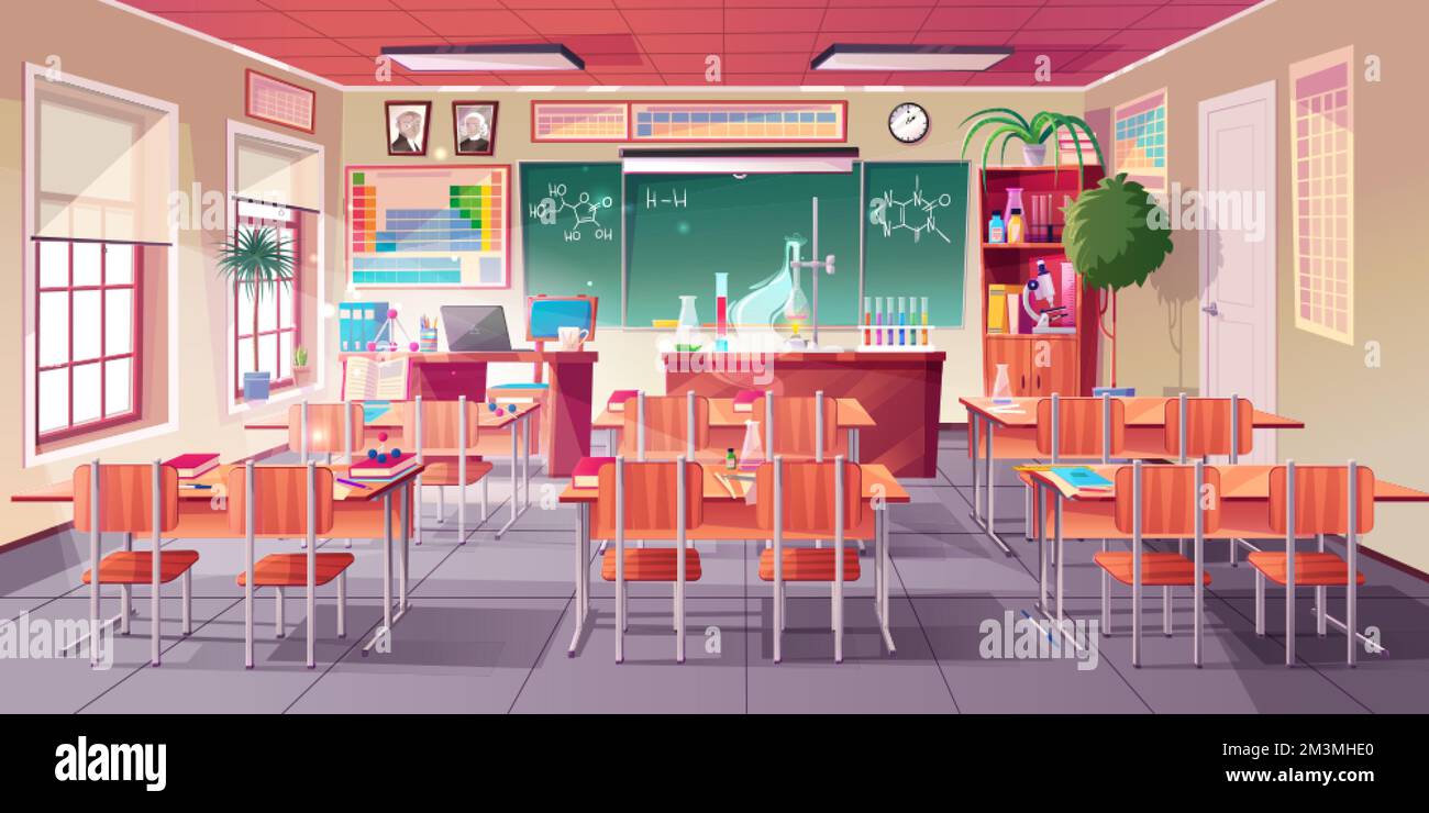 Chemistry classroom laboratory interior with chemical formula