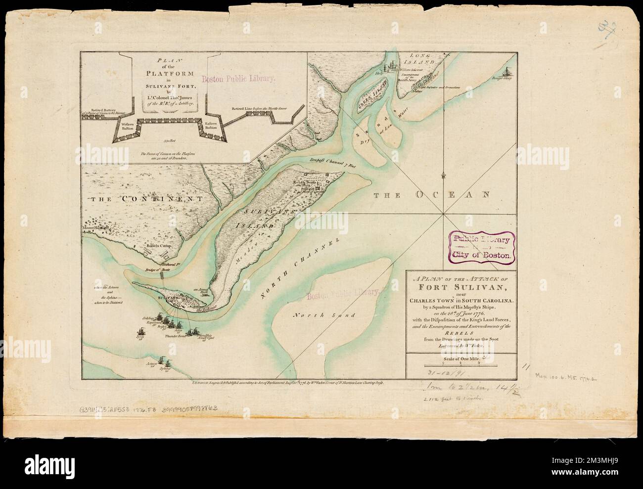 A plan of the attack of Fort Sulivan, near Charles Town in South Carolina : by a squadron of His Majesty's ships, on the 28th of June 1776, with the disposition of the King's land forces, and the encampments and entrenchments of the rebels from the drawings made on the spot , Fort Moultrie, Battle of, S.C., 1776, Maps, Early works to 1800, Fortification, South Carolina, Maps, Early works to 1800, Fort Moultrie S.C., History, Revolution, 1775-1783, Maps, Early works to 1800, Fort Sullivan S.C., History, Revolution, 1775-1783, Maps, Early works to 1800 Norman B. Leventhal Map Center Collection Stock Photo