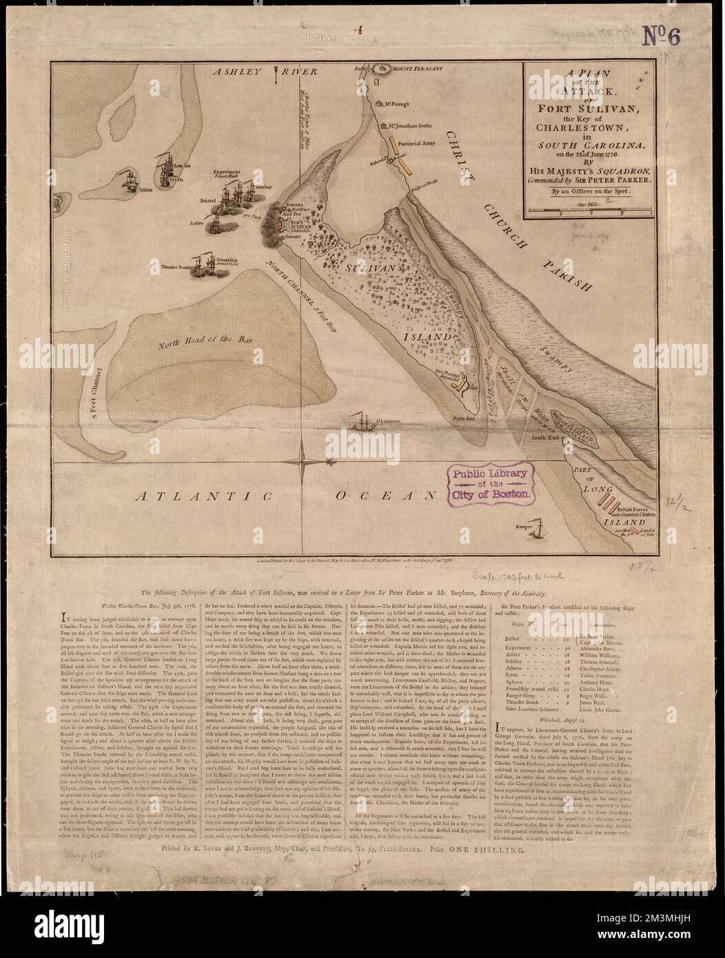 A plan of the attack of Fort Sulivan, the key of Charlestown, in South Carolina, on the 28th. of June 1776 : by His Majesty's squadron, commanded by Sir Peter Parker , Fort Moultrie, Battle of, S.C., 1776, Maps, Early works to 1800, Fortification, South Carolina, Maps, Early works to 1800, South Carolina, History, Revolution, 1775-1783, Maps, Early works to 1800 Norman B. Leventhal Map Center Collection Stock Photo