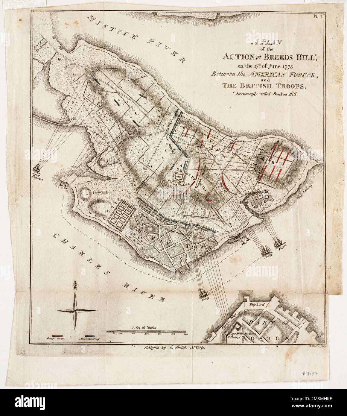 A plan of the action at Breeds Hill, on the 17th of June 1775 : between the American forces and the British troops : erroneously called Bunkers Hill , Bunker Hill, Battle of, Boston, Mass., 1775, Maps, Early works to 1800, Boston Mass., History, Revolution, 1775-1783, Maps, Early works to 1800 Norman B. Leventhal Map Center Collection Stock Photo