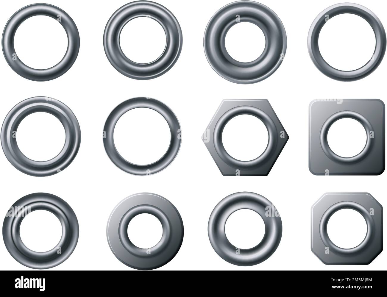Metal eyelets. Curtain eyelet ring, round grommet and circular fastener with hole isolated vector set Stock Vector