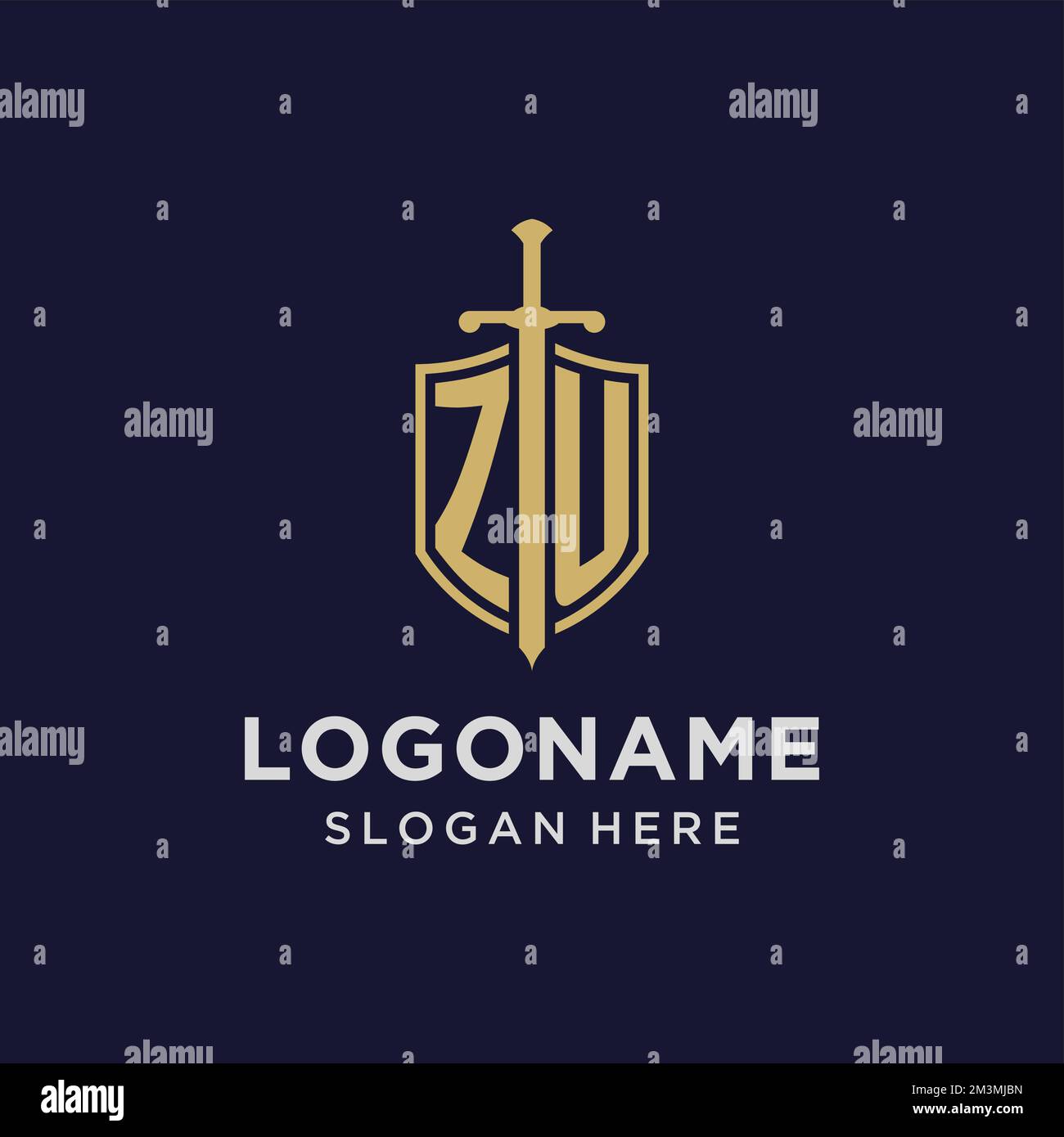 ZU logo initial monogram with shield and sword design ideas Stock Vector