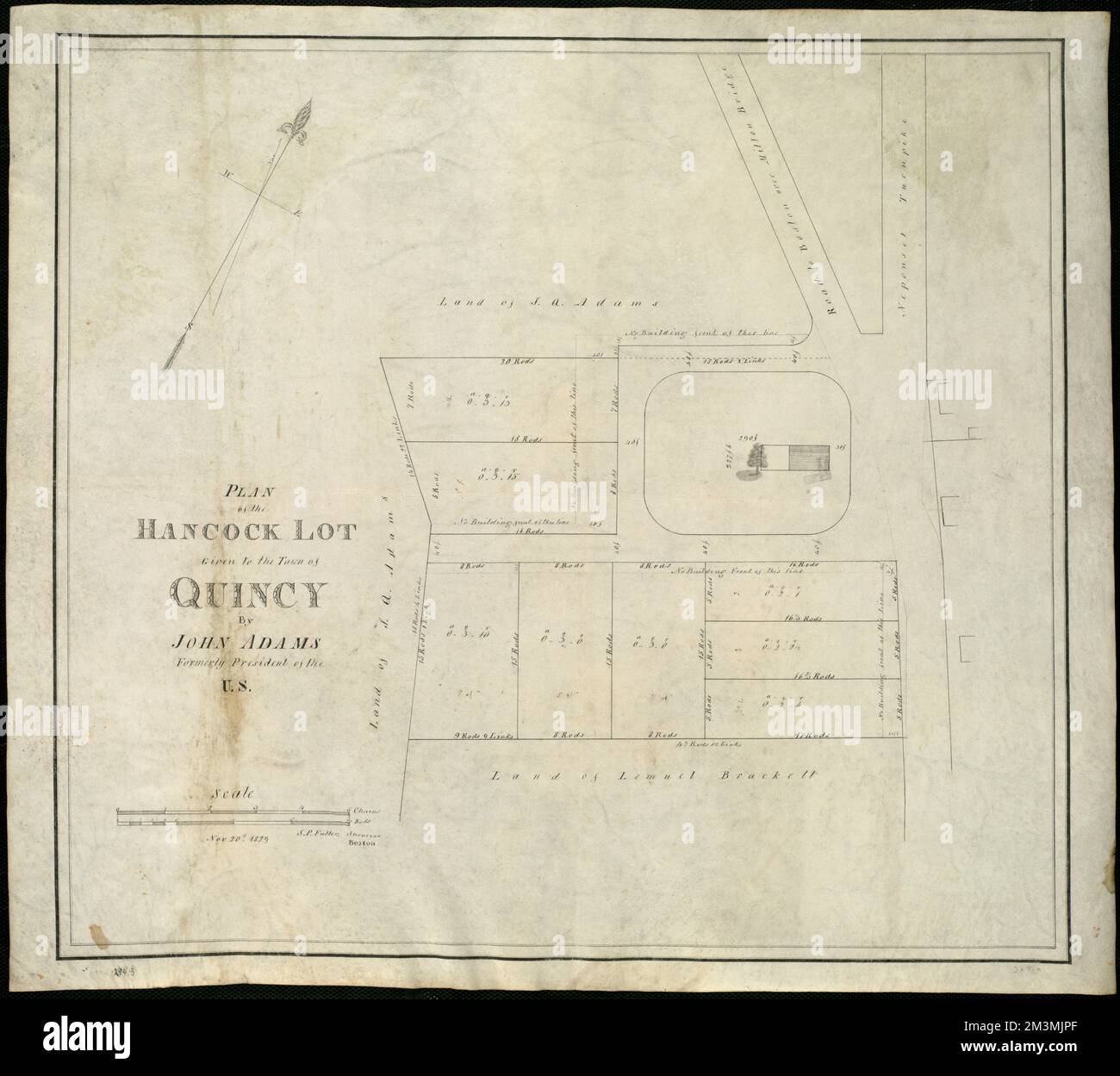 Plan of the Hancock lot given to the town of Quincy by John Adams, formerly President of the U.S , Real property, Massachusetts, Quincy, Maps, Manuscript, Quincy Mass., Maps, Manuscript, Adams, John, 1735-1826 Norman B. Leventhal Map Center Collection Stock Photo