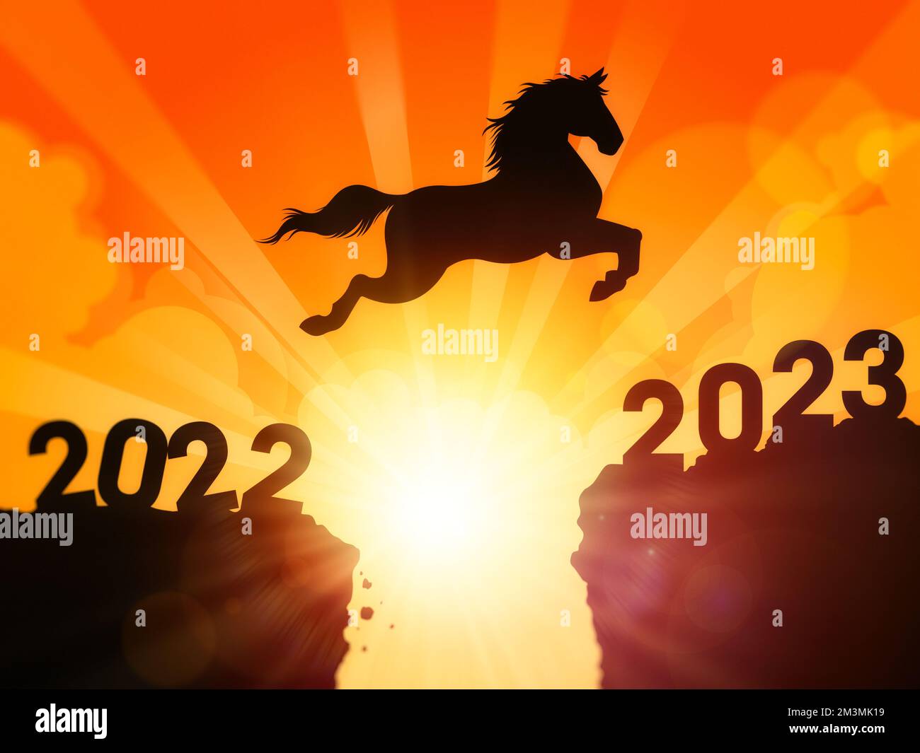Horse Jump from 2022 to 2023 Over the Hill. Happy New Year 2023 Stock