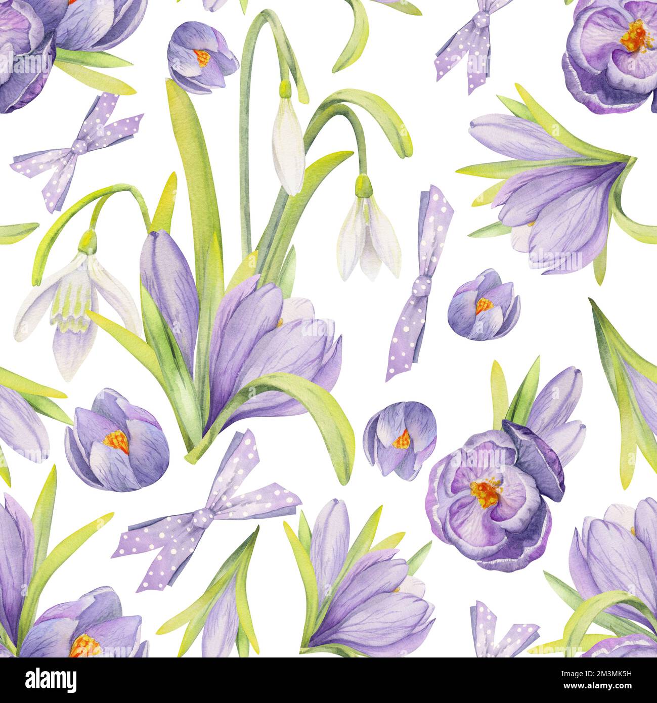 Watercolor hand drawn seamless pattern with spring flowers, crocus ...