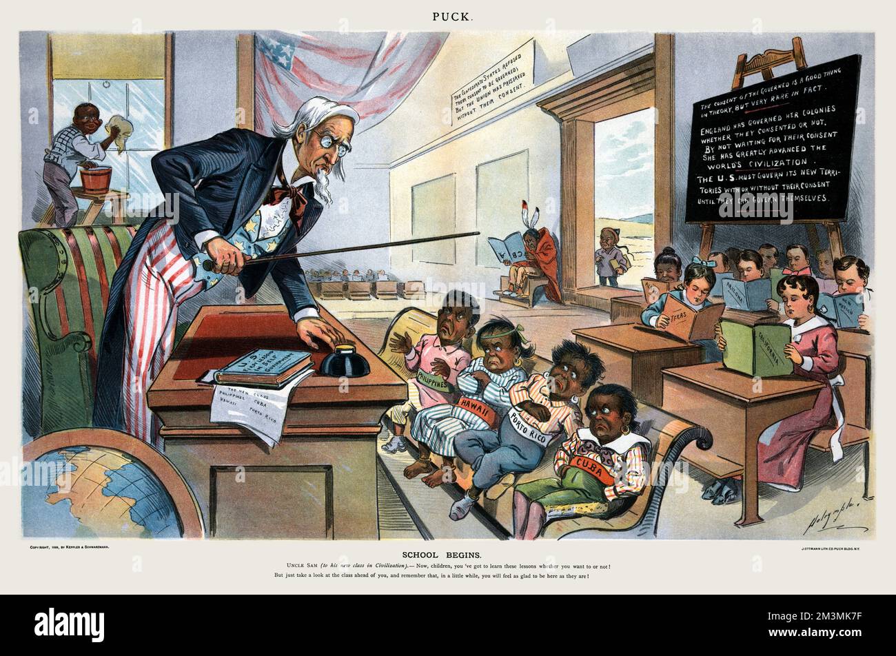 School Begins (Puck Magazine 1-25-1899) Uncle Sam as a teacher Stock Photo