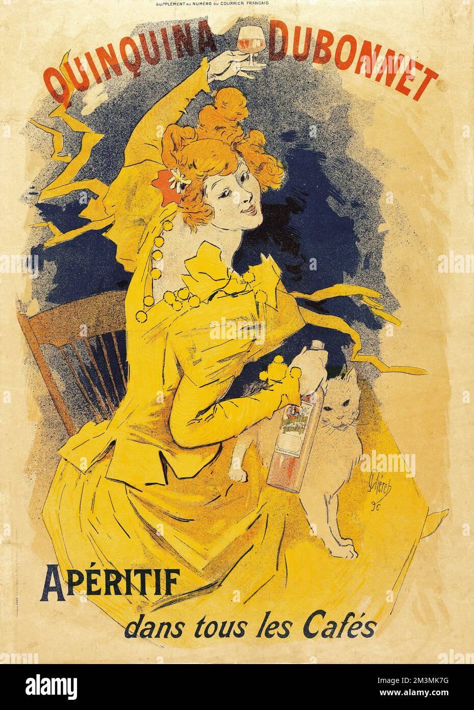 Quinquina Dubonnet. Aperitif dans tous les Cafés - Aperitif in all cafes - poster by Jules Chéret feat a woman in yellow with a bottle and a cat - 1 Stock Photo