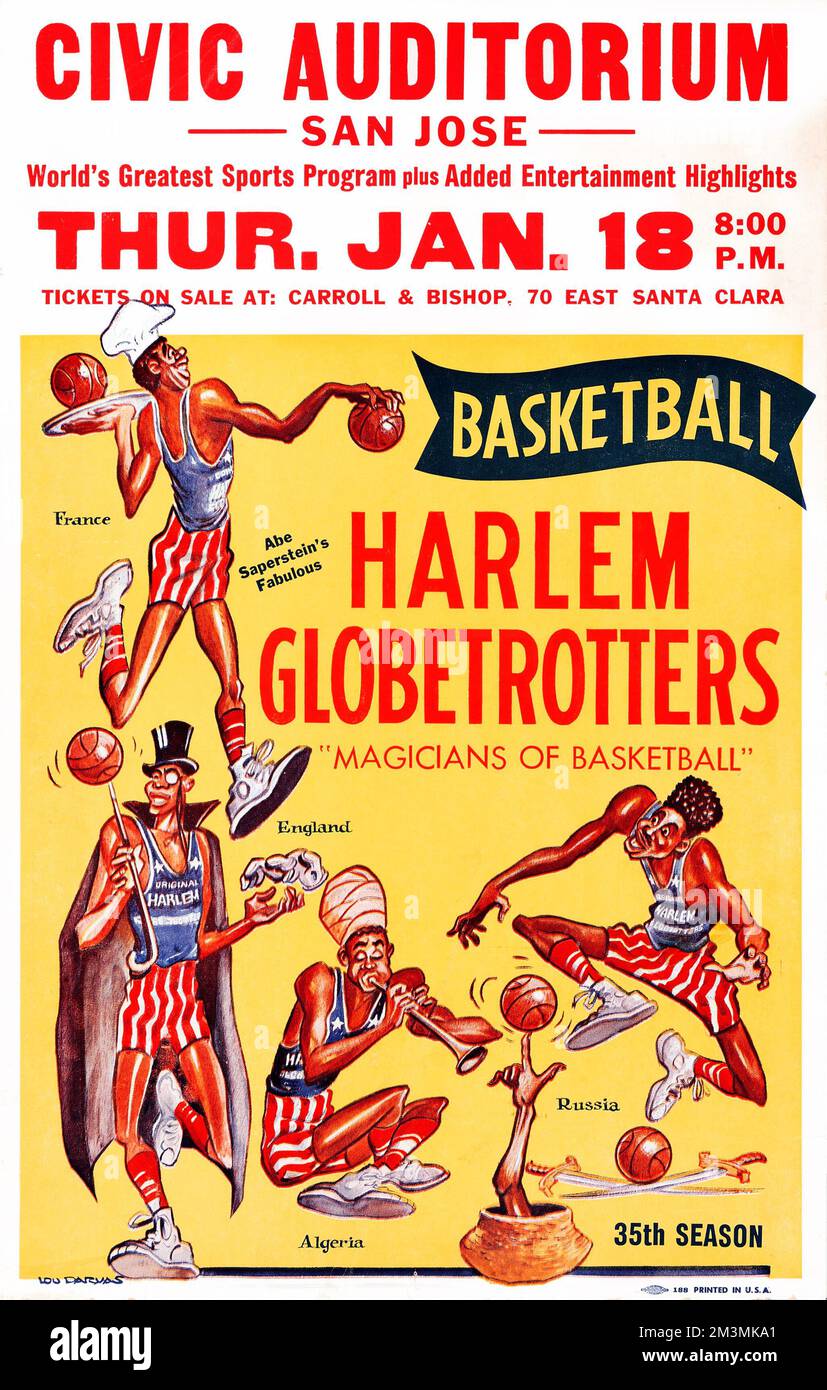 The Harlem Globetrotters (Abe Saperstein, 1959). Basketball Exhibition Window Card - Civic Auditorium, San Jose Stock Photo