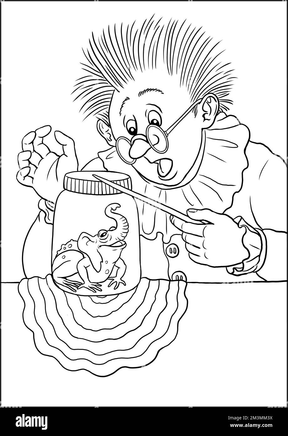 Clumsy Mage. Coloring page with the illusionist. Coloring template with wizard. Stock Photo