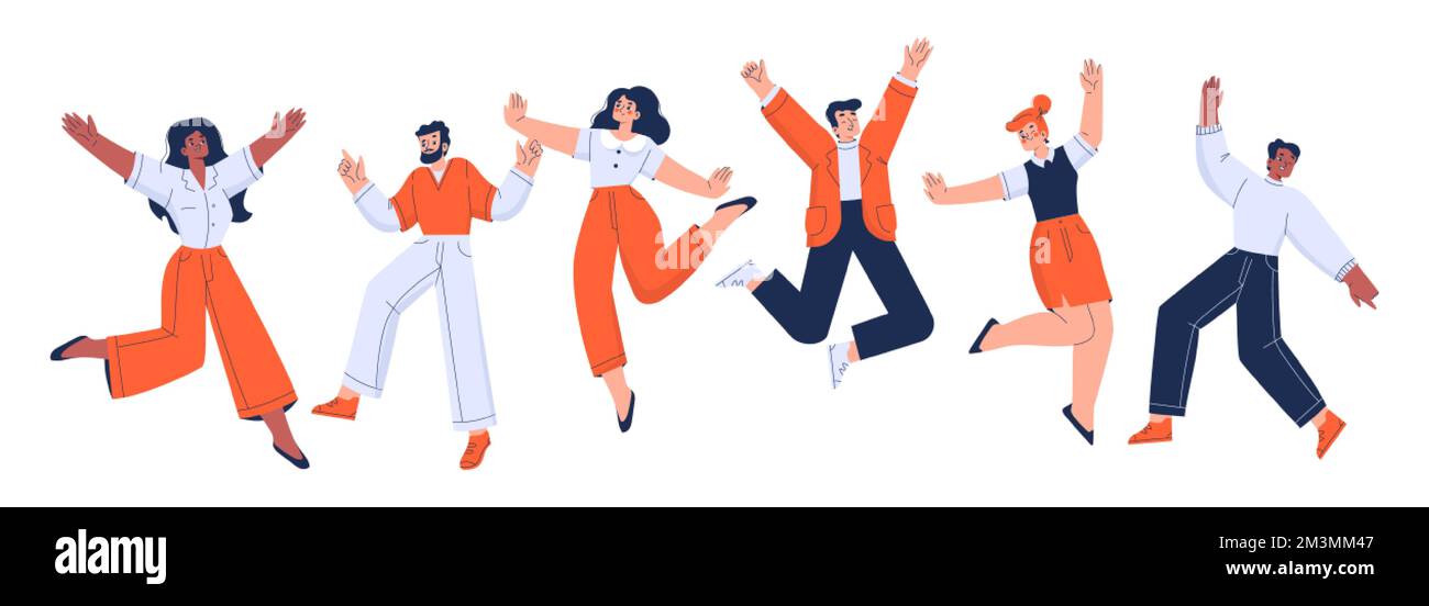 Happy office employees jump with raised arms. People characters in formal wear feel positive emotions, rejoice, celebrate victory or success isolated Stock Vector